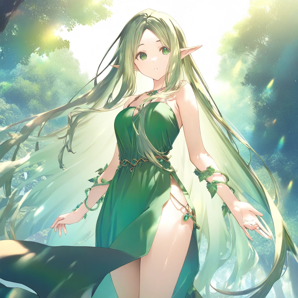 Young dryad in the middle of the forest, magrinha, altura 145,0 com vestido branco transparente sexy (+18), usando um pequeno salto branco, pose sensual (+18)