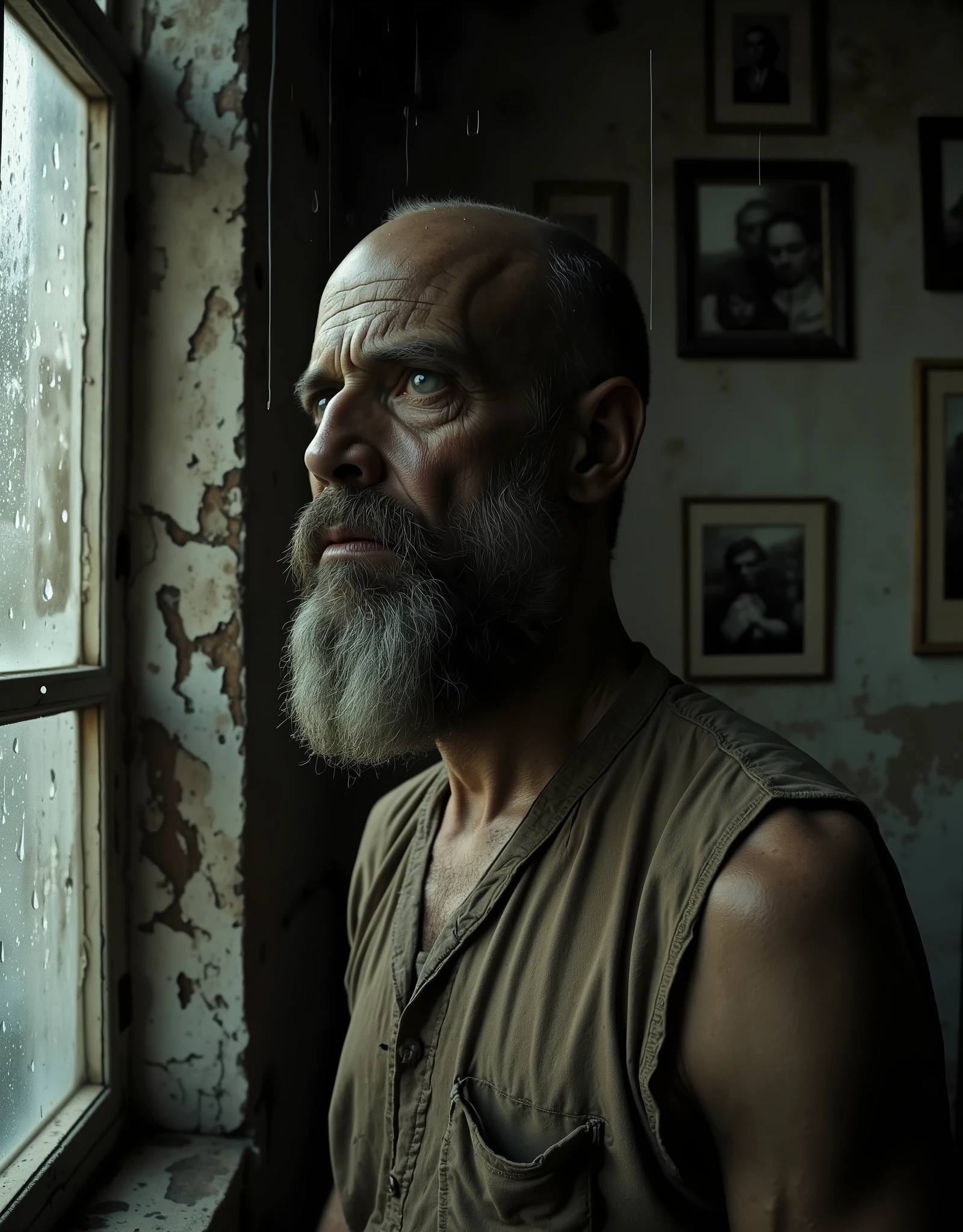 A gloomy, bald, thin, middle-aged man with a gray beard looks out the window. It's raining outside. The man is focused and looking ahead .The facial muscles are tense.  It was a dusty, gloomy loft-style room with old, faded black-and-white photographs on the walls. Soft natural light falls from a rain-soaked window on the side, illuminating the man's face and chest. Simple clothes. The atmosphere of longing and loneliness. The overall aesthetic is harsh, emphasizing a picture of loneliness. Muted colors.  professional digital photography . profile picture, 8K high detail)