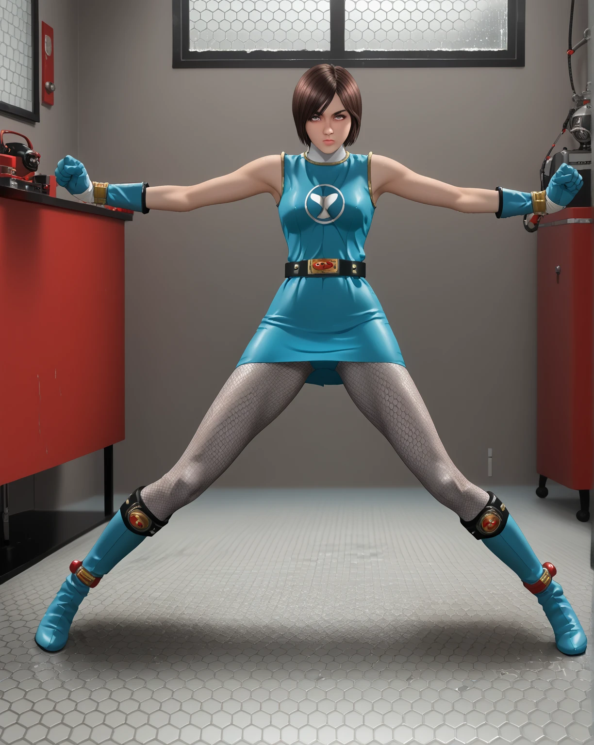 Rainy Window,score_9, score_8_up, score_7_up,score_6_up, 1 girl, solo,  shaker _Retrofittable , round refurbished,tables, red trim, On the back, suppressed, x pose, arms, ,発光tables, Hexagon,    [ control room:0.5],      super sentai, Ninja, mini dress, sleeveless, fishnet, fishnetパンスト, fishnetアームウェア, skirt for ears, belt, gloves, full body