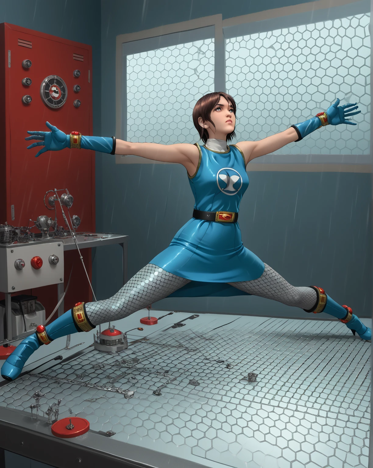 Rainy Window,score_9, score_8_up, score_7_up,score_6_up, 1 girl, solo,  shaker _Retrofittable , round refurbished,tables, red trim, On the back, suppressed, x pose, arms, ,発光tables, Hexagon,    [ control room:0.5],      super sentai, Ninja, mini dress, sleeveless, fishnet, fishnetパンスト, fishnetアームウェア, skirt for ears, belt, gloves, full body