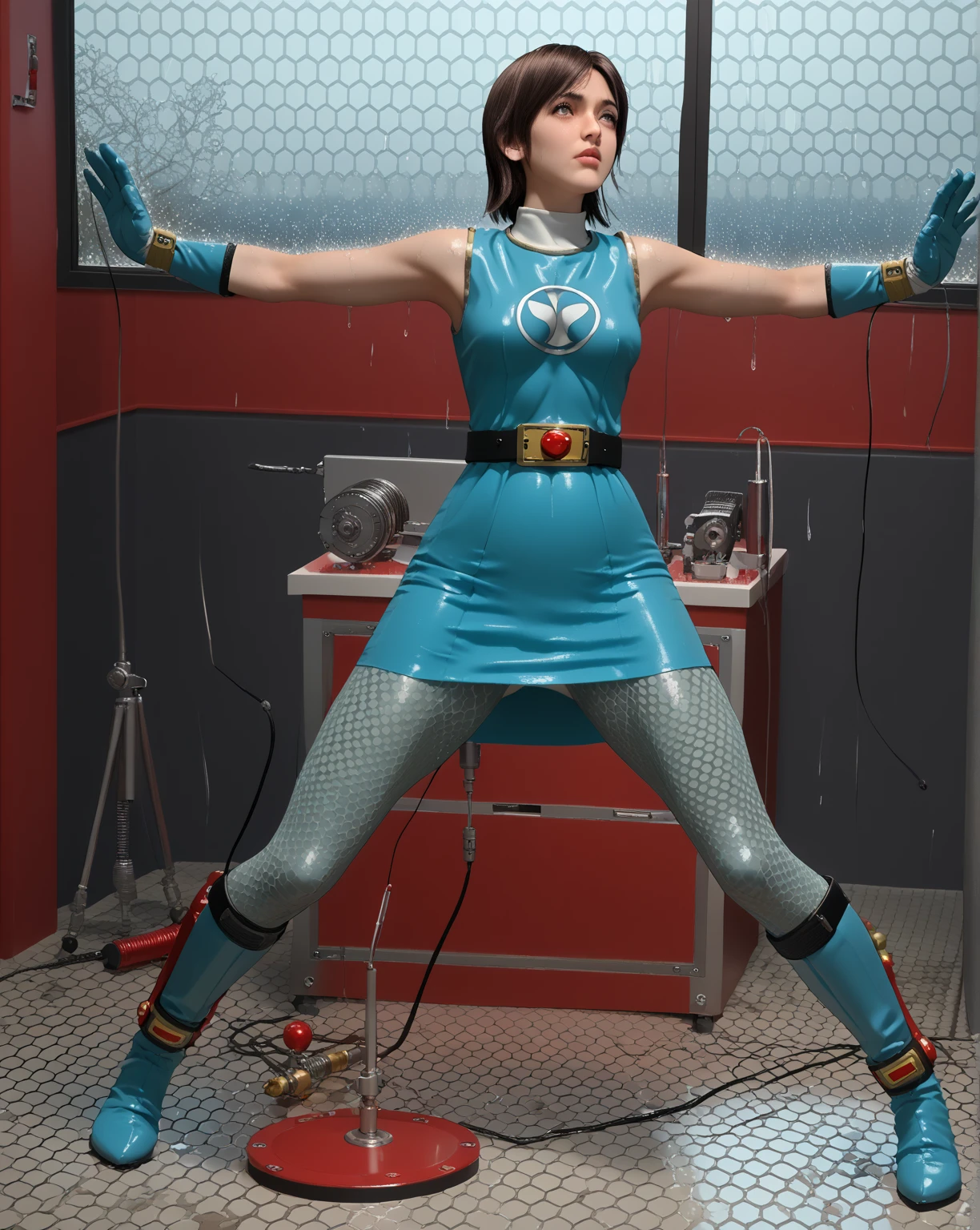 Rainy Window,score_9, score_8_up, score_7_up,score_6_up, 1 girl, solo,  shaker _Retrofittable , round refurbished,tables, red trim, On the back, suppressed, x pose, arms, ,発光tables, Hexagon,    [ control room:0.5],      super sentai, Ninja, mini dress, sleeveless, fishnet, fishnetパンスト, fishnetアームウェア, skirt for ears, belt, gloves, full body