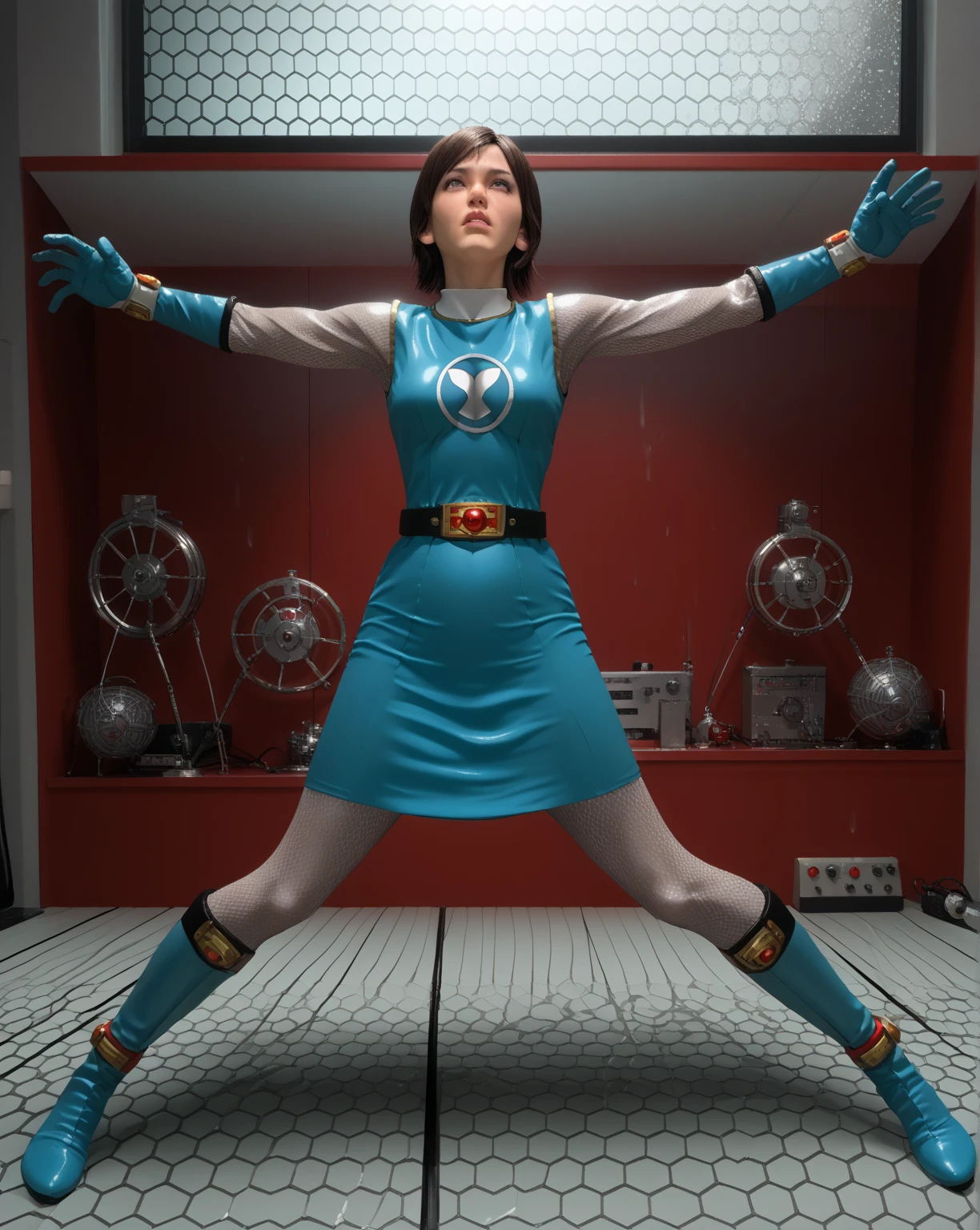 Rainy Window,score_9, score_8_up, score_7_up,score_6_up, 1 girl, solo,  shaker _Retrofittable , round refurbished,tables, red trim, On the back, suppressed, x pose, arms, ,発光tables, Hexagon,    [ control room:0.5],      super sentai, Ninja, mini dress, sleeveless, fishnet, fishnetパンスト, fishnetアームウェア, skirt for ears, belt, gloves, full body