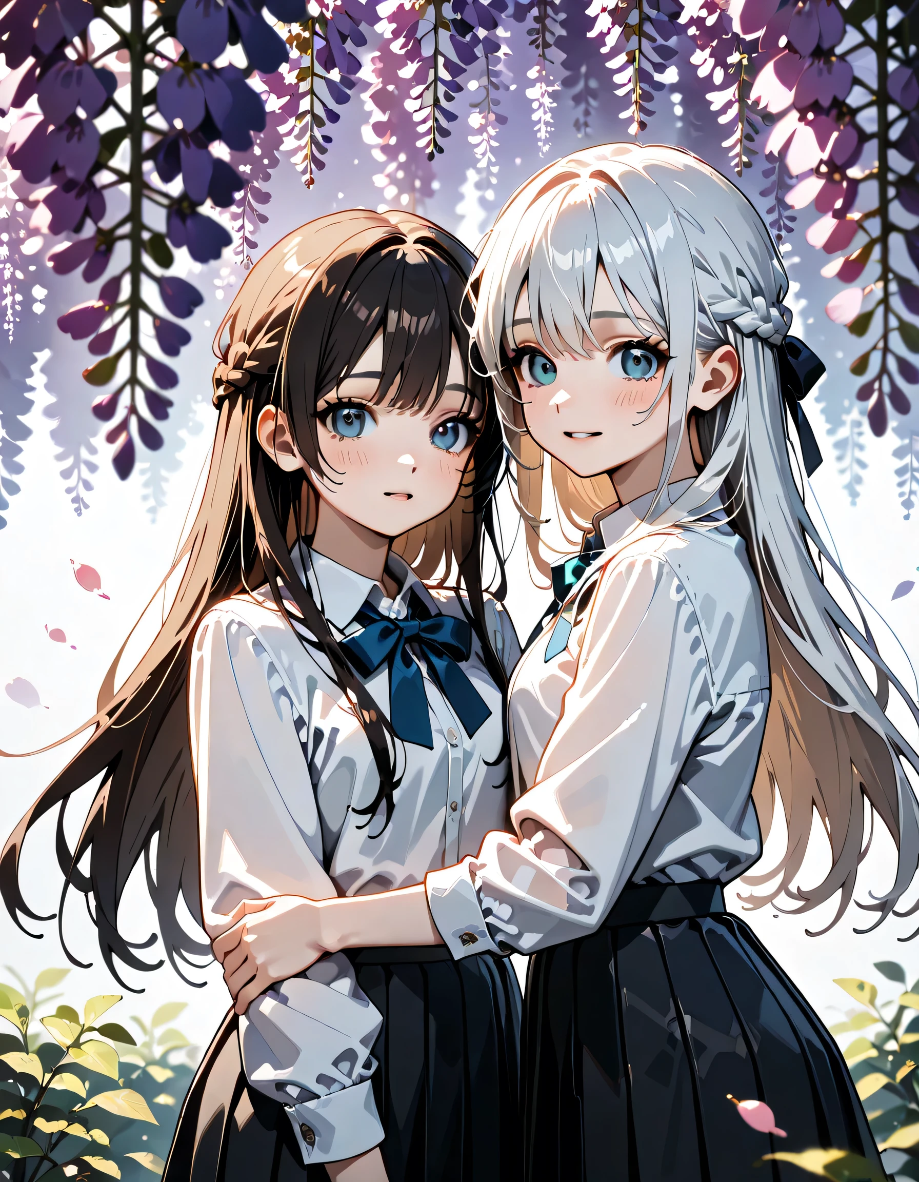 (score_9, score_8_up, score_7_up), source_Anime, absurd_res, white, blue, black, 2girls, duo, upper body, super fine illustration, an extremely delicate and beautiful, best quality, masterpiece, 8K, spring setting, wisteria flowers, gentle breeze, sunlight filtering through trees, (long silver hair), (two side-up), (blue eyes), ultra-beautiful girl, (long black hair), (half updo:1.2), brown eyes, (wearing glasses:1.2), (round eyewear:1.2), (round_glasses22A), ultra-beautiful girl, blushing faces, surprised expression, embarrassed reaction, skirts lifting from sudden wind, hands desperately holding skirts down, dynamic pose, soft fabric movement, fluttering petals, warm and bright atmosphere, soft lighting, delicate color palette, detailed clothing folds, flowing hair, lively spring vibe, highly detailed rendering, breathtaking composition,