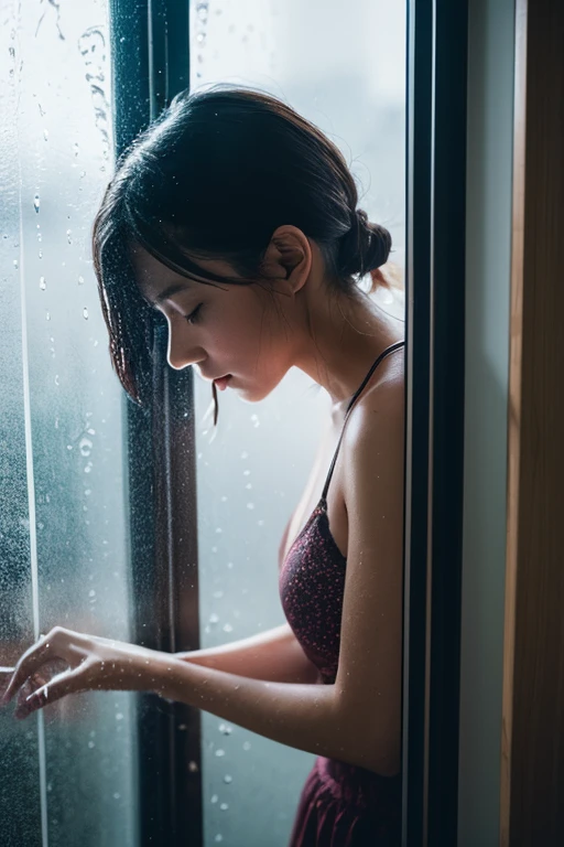 A woman is breathing on a rain-soaked window, causing it to fog up.
