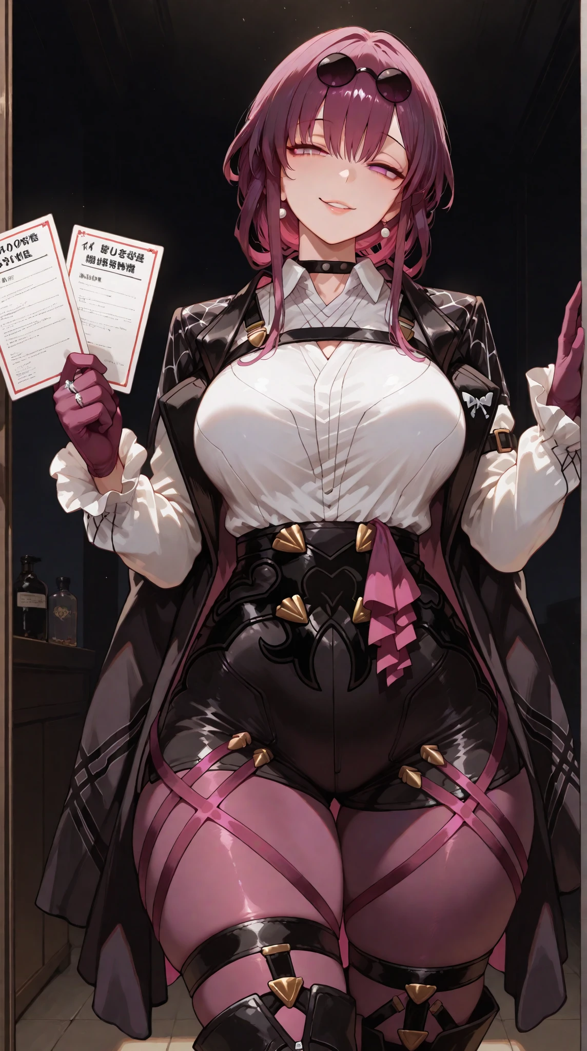 ((masterpiece)),((Highest quality)),High resolution,Extremely detailed CG,Perfect lighting,8k wallpaper, One Girl,Purple Hair,Very long hair、Very large breasts、Very big ass、Very thick legs、Smiling、Shorts、tights、Showing cleavage