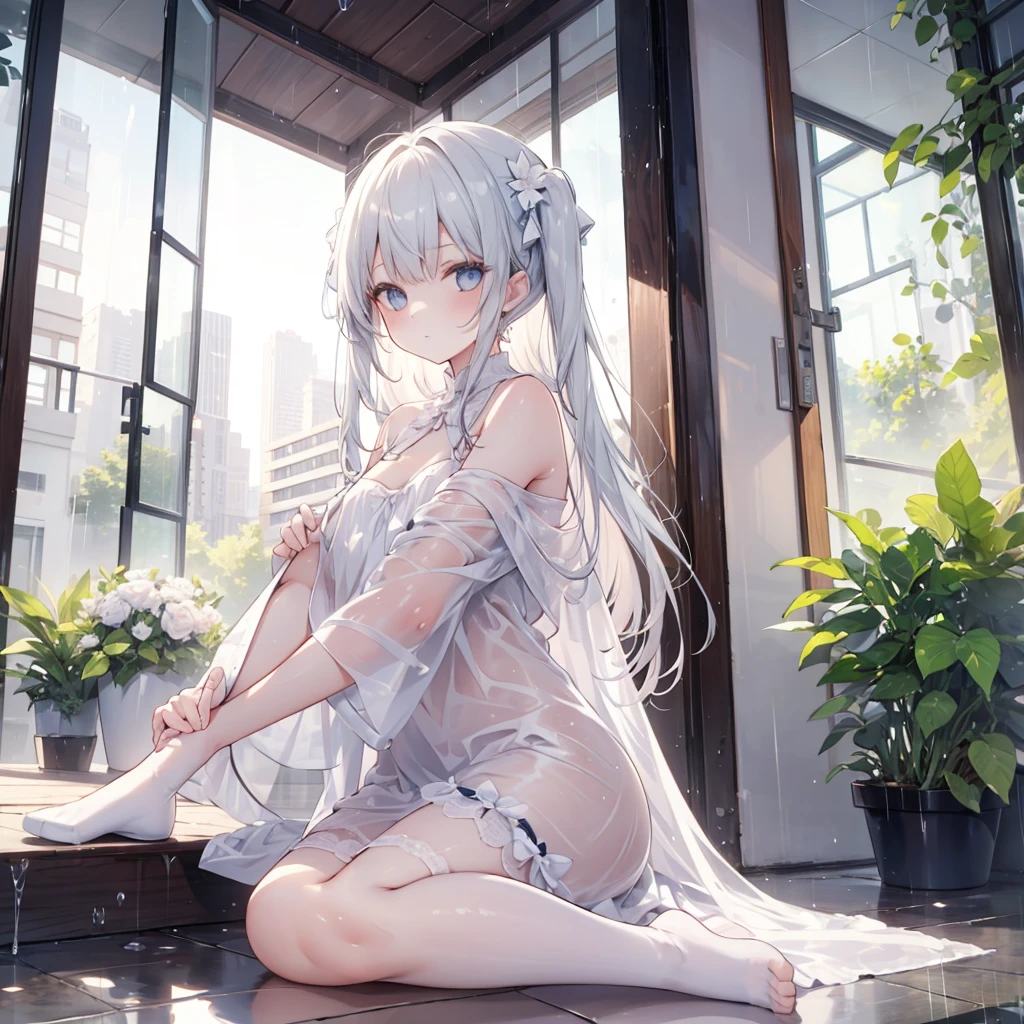 Girl white transparent stockings transparent pajamas open legs open legs white hair cute lying 