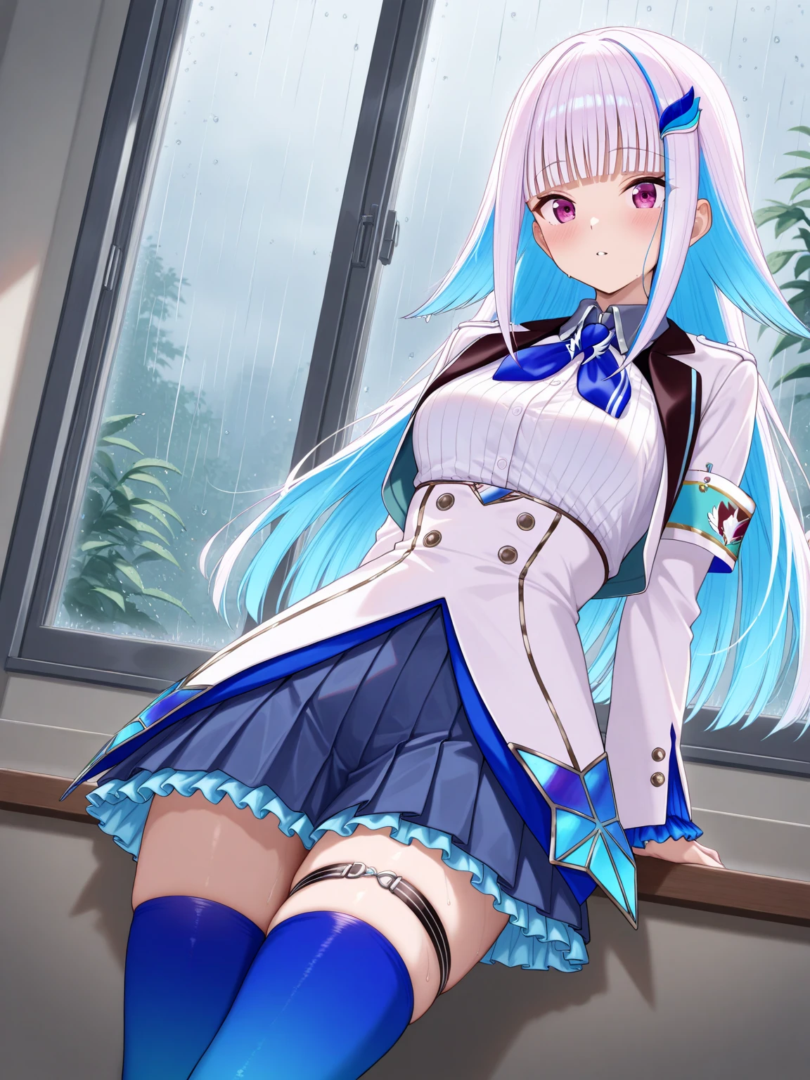 talking on phone,(((Liz Hellesta))),((v tuber)),((Game Now Streaming)),((White Delivery Room)),(Liz Hellesta髪),((Dressed seriously)),(((Do not expose breasts))),masterpiece, Highest quality ,(1 beautiful woman), Liz Hell,cameltoe,(Straight gray straight hair,((Bangs)),((Beautiful Japanese woman face)),Thin face,((Thin cheeks)),Beautiful woman face,Precise depiction,Excellent costume design, (Small breasts), Slender upper body,(8k Full Body RAW Photo), (Highly detailed skin: 1.2), ((Oily skin)),smile, Highly detailed face, ((Grey Hair)),fine grain, (((Sweaty body))), (((Oily skin))),Inside the room,1 Girl,Open your mouth,(((Open your eyes))),(((View your viewers))),Look this way,(((Open your eyes))),(((Open your eyes))),(Large pelvis),(Wide Hips),(((Very muscular and thick thighs Veins,))),(((Abnormally thick thighs))),Thigh gap,(((Shiny thighs))).(((Narrow waist))),(((Very thin waist))),(Realistic:1.0),Front view,1girl,lh1, (((White panties))),(((cameltoe))),Hair Ornament Net、Long Hair、Long sleeve、((Blue thigh-high socks in silk fabric))、((Armband))、Blue pleated mini skirt、((White jacket, cotton material))、(tight white shirt)、Blue Skirt、((Metallic black thigh straps)),(((Front view))),View your viewers,((Open your mouth)),Showing teeth,Constricted eyes,(((blush,shame))),(((Puzzled expression))),(Panties are wet),