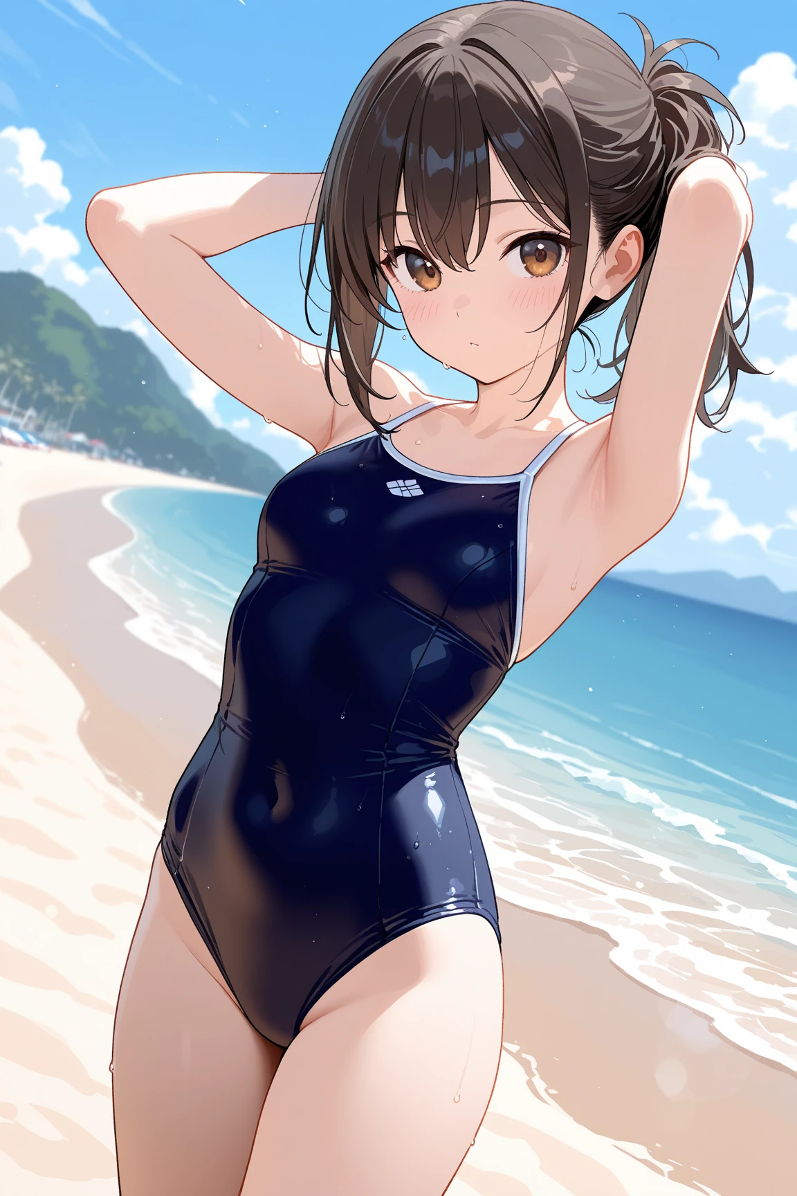 Follow Us, Yuki mandarin orange, (Brown eyes:1.5), Brown Hair, hair ornaments, hair scrunchie, Long Hair, (Flat Chest:1.2),happy smile, smile, Open your mouth,
Open your mouth,School Swimsuit,Straw hat,Holding a swim ring in both hands,True Summer,Palm tree,Are standing break looking at viewer, whole body, break outdoors, Sandy Beach,Beach, break (masterpiece:1.2), Highest quality, High resolution, unity 8k wallpaper, (shape:0.8), (Beautiful and beautiful eyes:1.6), Highly detailed face, Perfect lighting, Extremely detailed CG, (Perfect hands, Perfect Anatomy),