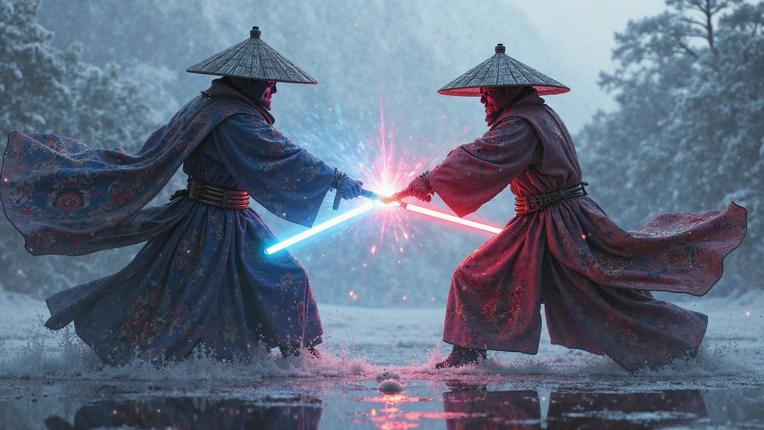 two Japanese samurai dueling using lightsabers.