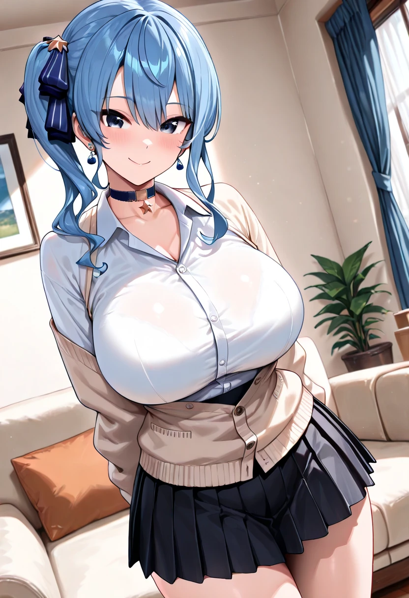 anime girl, meiji schoolgirl uniform, large breasts, cleavage, hime cut, blue hair, aqua eyes, looking at viewer, female focus, cowboy shot, gym storeroom, accent lighting