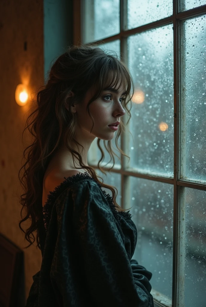 masterpiece、best quality、Best portrayal、Beautiful girl standing by the window、It's hard to see women due to rain streaks and foggy windows。The camera was taken from outside。
