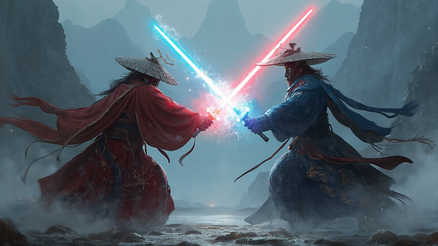 two Japanese samurai dueling using lightsabers.