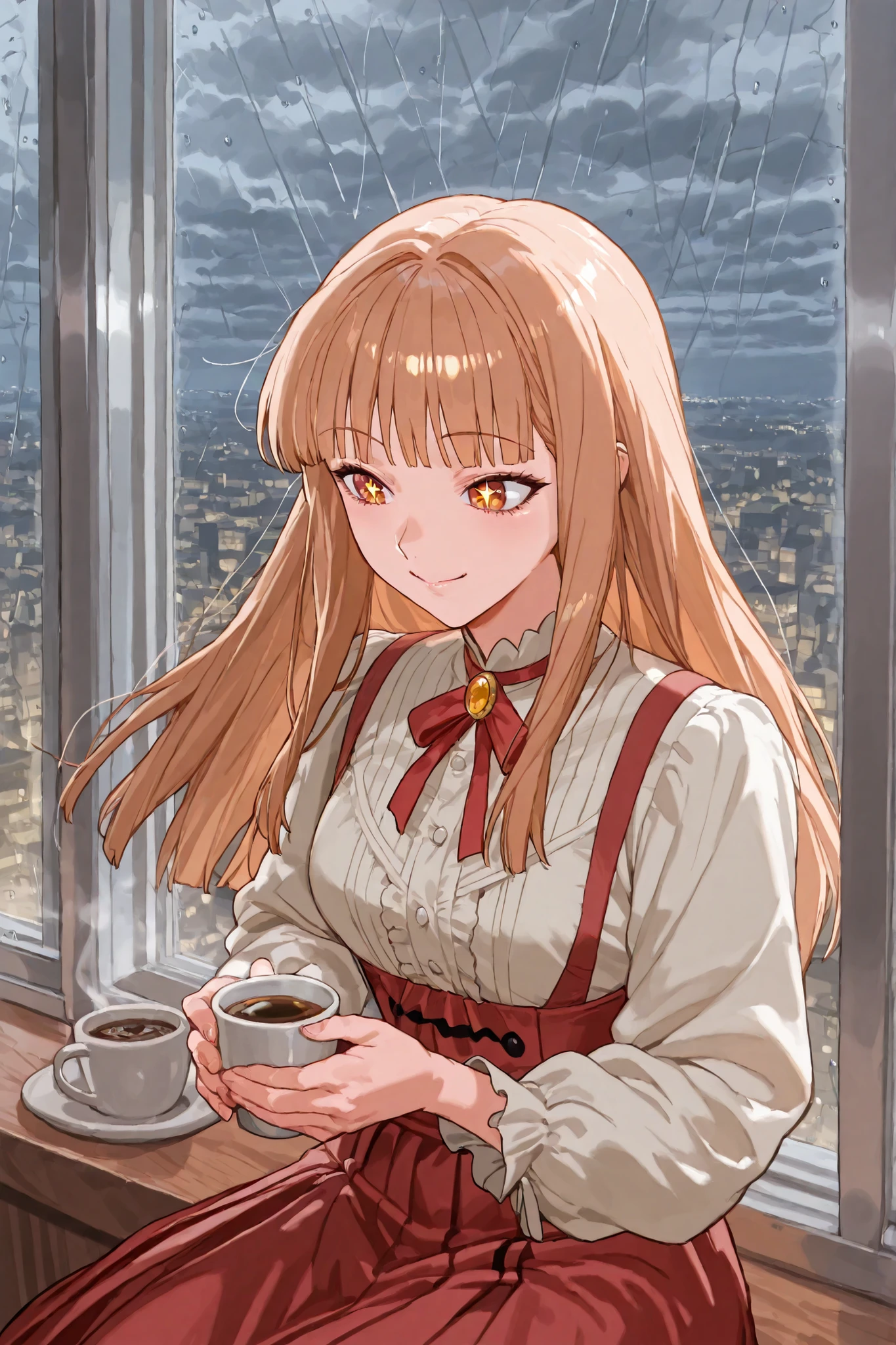 1girl、In the afternoon, when heavy rain beats down on the windowpanes, a calm and composed woman sits by a large window in a warm room with a cup of coffee in her hand, looking out at the scenery outside. She gazes at the rain-swept cityscape and wet trees, not with a melancholy expression, but somewhat happily, exuding an inner positivity. Inside her heart, she has a positive attitude, a kind of open-heartedness, as she enjoys the rain without an umbrella in the pouring rain.”、heroine,sparkle,star-shaped pupils, rough weather outside
mihashi haruko、