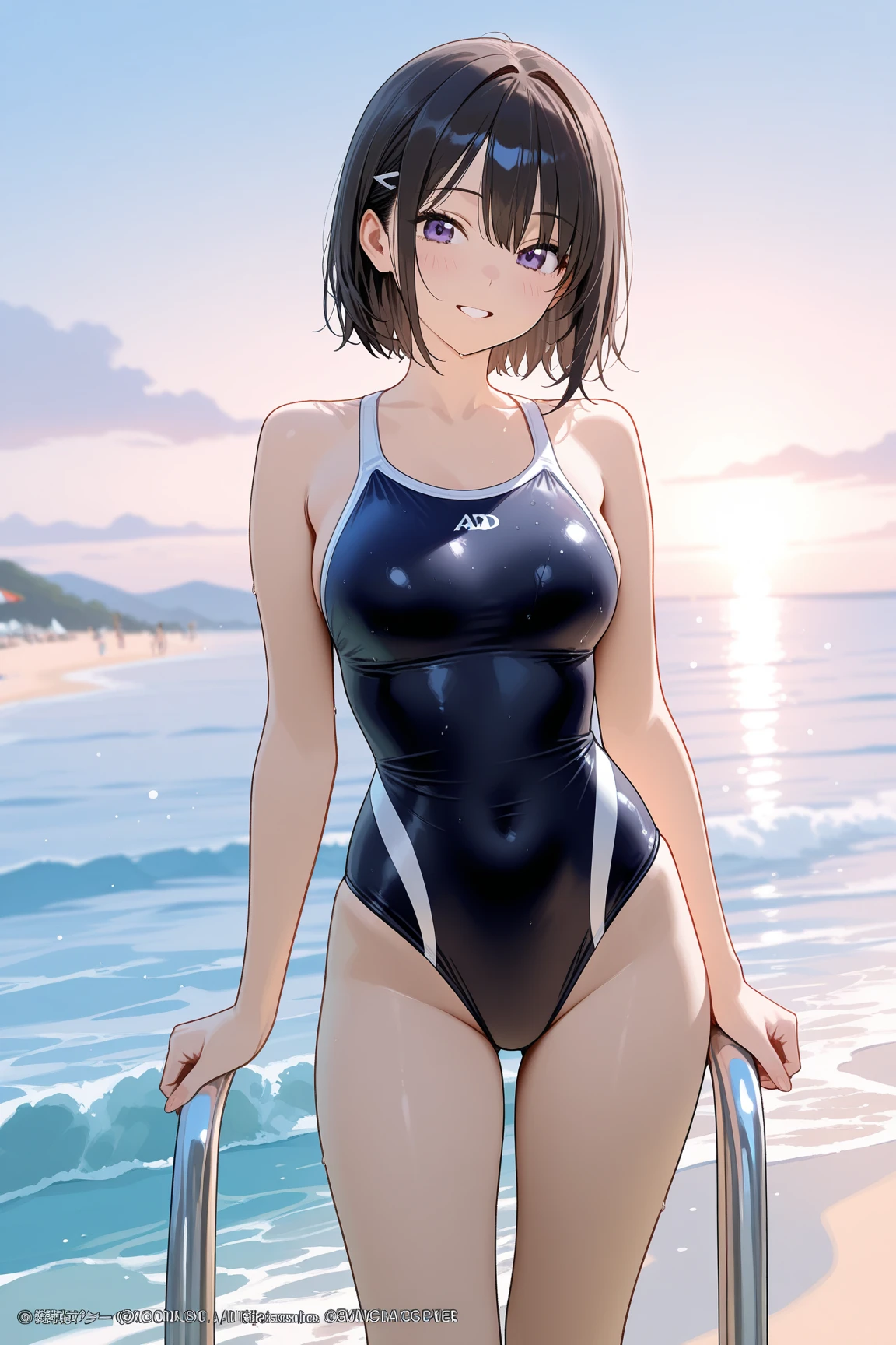 One piece type competitive swimsuit Black Bob Hair Great style blush smile Standing facing forward Up to the knee
