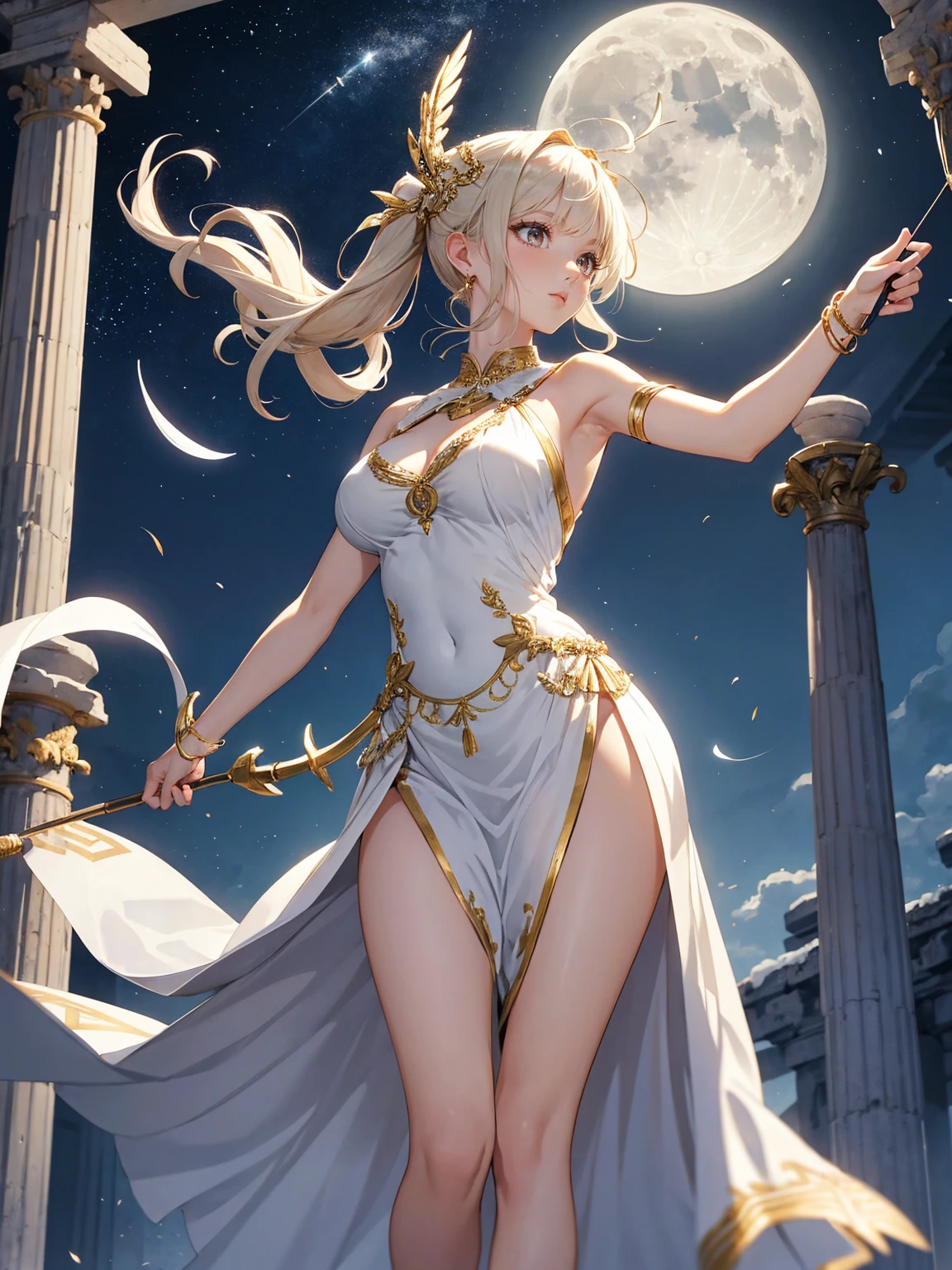 (close up:1.5), full body pose (bent over in luxurious garden:1.1) (elaborate luxurious dress) (butt high up) (arched back) (from above) (from behind:1.4) (facing away) (inviting body posture), (golden halo) golden chain choker, night, mood lighting, Perfect Anatomy, performance, Good lighting, mood lighting, large breasts, large butt, thin waist, Long HAIR, light brown HAIR, golden eyes, original HAIR style, Dynamic Angle, (seductive look:1.4), playful smile with teeth showing, (detailed face:1.3), gold leaf bracers on arms, gold leaf hair piece