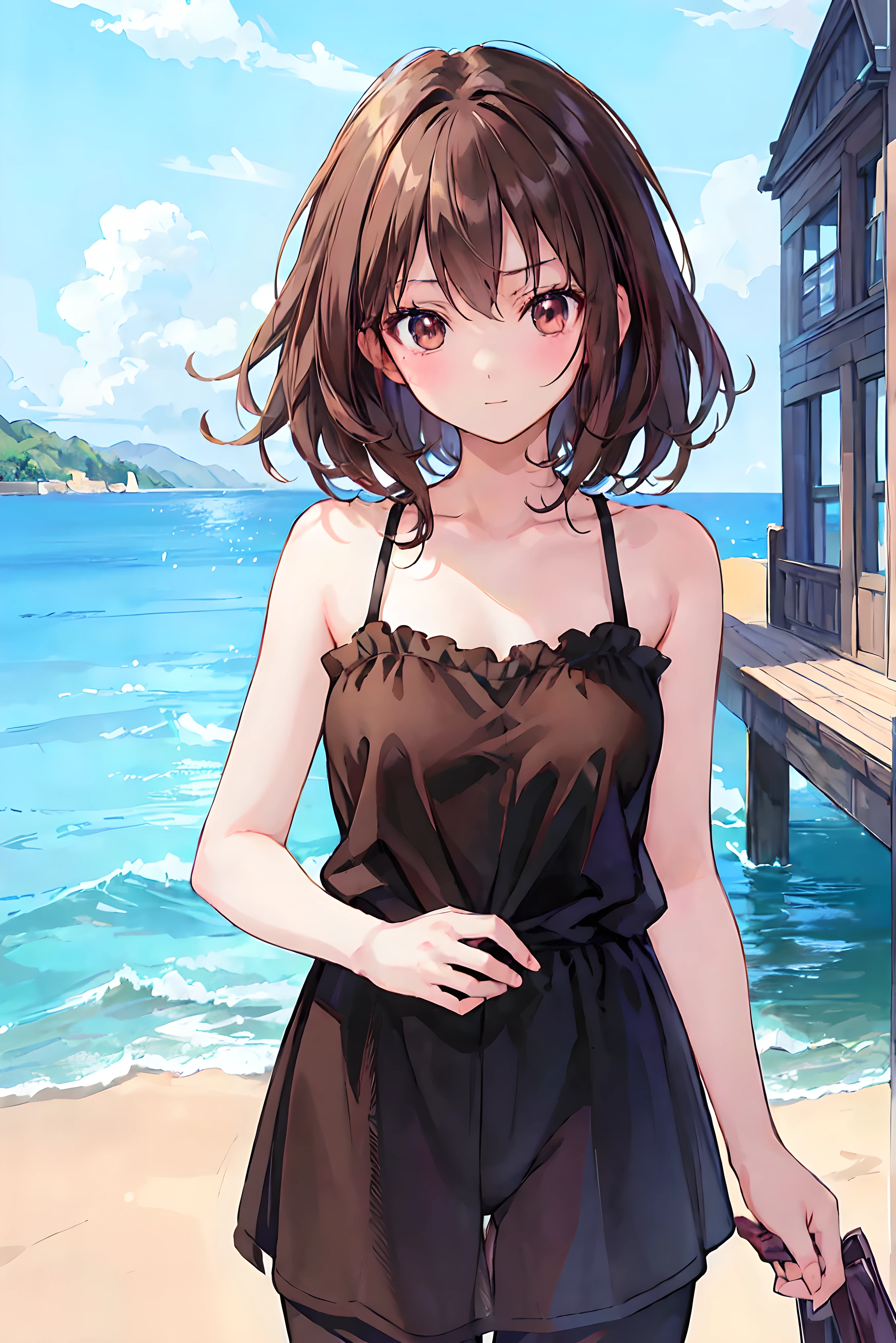highest quality,masterpiece, High resolution,original, Beautiful detailed eyes,Super detailed, Perfect Anatomy,(highest quality、8k、32k、masterpiece、Hmph:1.2)
alone, Cowboy Shot, 

anegasaki nene、Shiny brown hair, short hair, Beautiful brown eyes、smile、Sparkling eyes, (Fine grain)、Super detailedな目、Highly detailed face, Highly detailed eyes,

 (((Black Tank Top Mini Dress))),Small pendant, Earrings、Young girl, Pretty face, , 
(((At the Beach、Night city in the background))), Body Portrait,, Perfect body, The body is slim, Oily skin, skinny, Sexy big boobs, 
