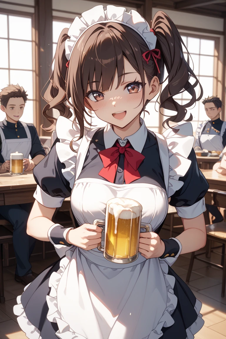 Highest quality, Very detailed, figure,
NMC, One person, Beer , smile, cup, Black Hair, Holding cup, Mug, alcohol, food, Holding, short hair, Open your mouth, ribbon, Beer Mug, Brown Hair, apron, waitress, neck ribbon, shirt, Laughter, Happy, close your eyes,
New Munich, scenery, table, indoor, Chair, window, ceiling Light, restaurant, Light,