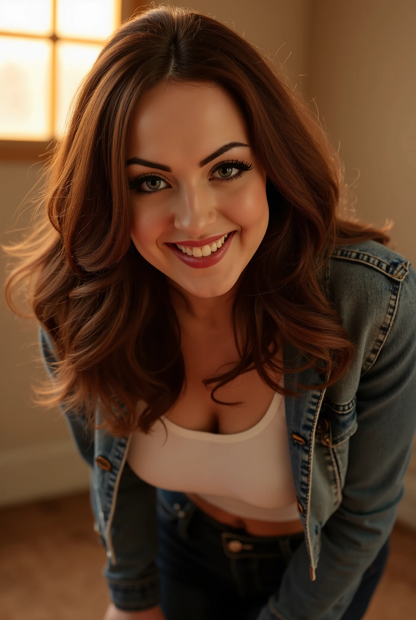 ((Elizabeth Gillies, big breasts:1.5)), A high-resolution photo of kodak style with subtle impressionistic undertones, featuring refined, elegant brushstrokes and a warm, sensual atmosphere. A woman leans forward, her face inches from the camera, as she smiles directly into the lens with a confident, inviting gaze. The warm glow of the setting sun streams down from above, illuminating her face and casting a subtle, alluring radiance on her features, and her eyes sparkle with a hint of quiet intimacy and playful flirtation. Her long brown hair is styled in a wavy, sensual fashion, framing her face and accentuating her features, and her lips are painted a deep, bold red as she smiles, her expression drawing the viewer in with an irresistible sense of charm and seduction, as if sharing a secret or whispering a sweet nothing in their ear, and her white t-shirt and dark skinny jeans are subtly rumpled, as if she's just leaned in close to whisper a confidence, her denim jacket slipping off one shoulder as she gazes up at the viewer with a look of playful, flirtatious invitation.