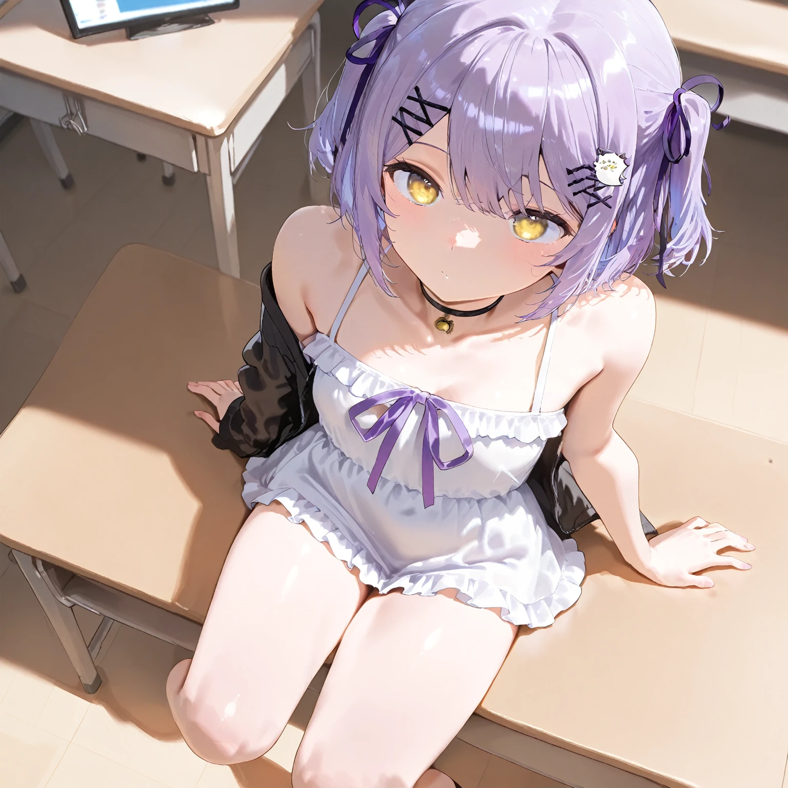 masterpiece, best quality, highres, 1girl ninym ralei hair bobbles ahoge, sleeveless bare shoulders armband neck ribbon black ascot white shirt blue dress black skirt white gloves black thighhighs garter straps <lora:ninym_ralei:1> sitting, from side, looking at viewer