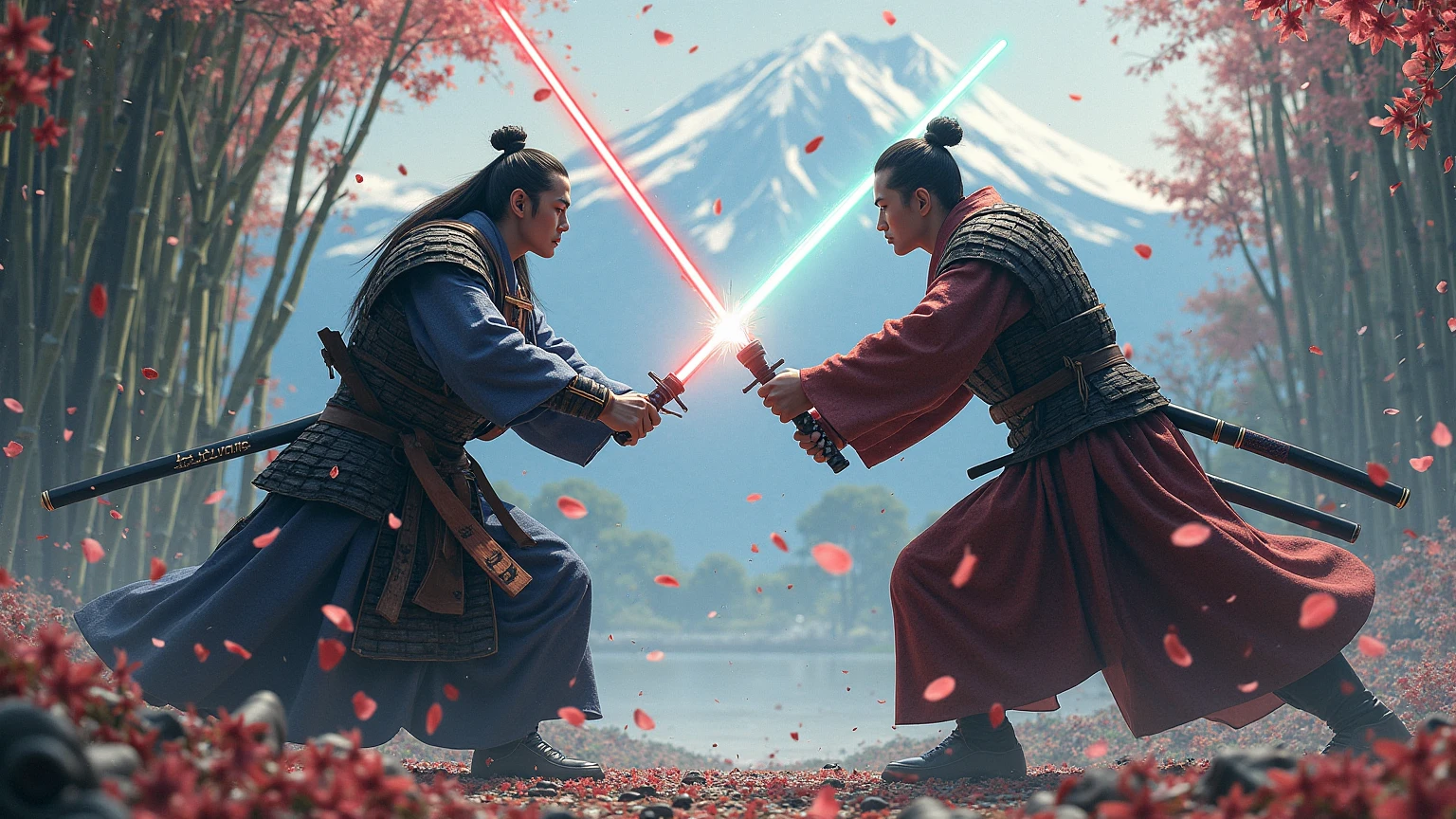 two Japanese samurai dueling using lightsabers.