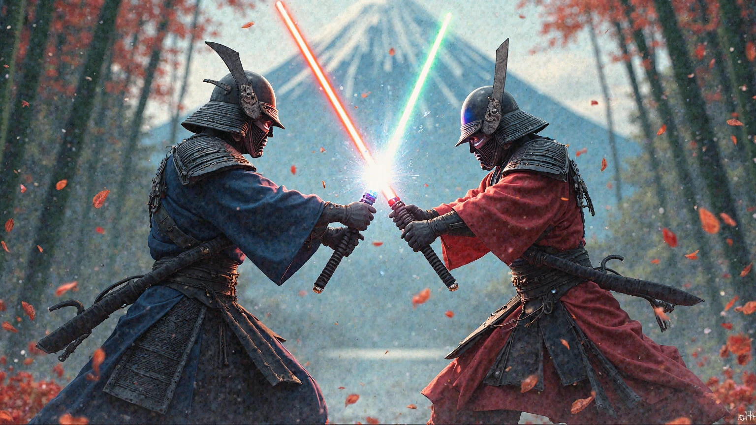 two Japanese samurai dueling using lightsabers.
