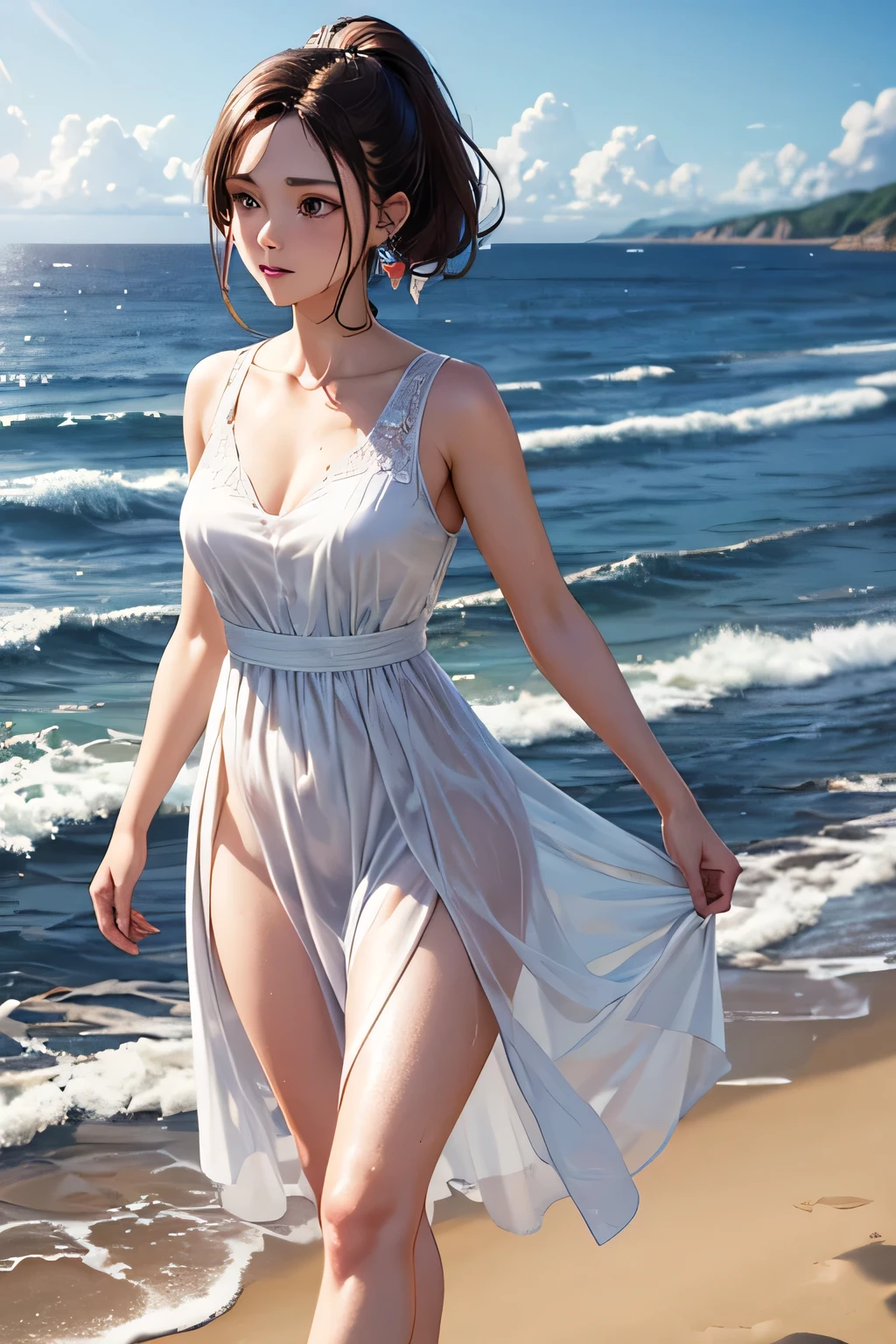 a beautiful girl standing on a cliff, watching the sunset over the ocean, (best quality,4k,8k,highres,masterpiece:1.2),ultra-detailed,(realistic,photorealistic,photo-realistic:1.37),1girl,intricate details,warm colors,dramatic lighting,glowing sky,vibrant sunset,detailed facial features,long flowing hair,elegant dress,serene expression,picturesque landscape,rocky coastline,crashing waves,golden hour,soft focus,cinematic composition