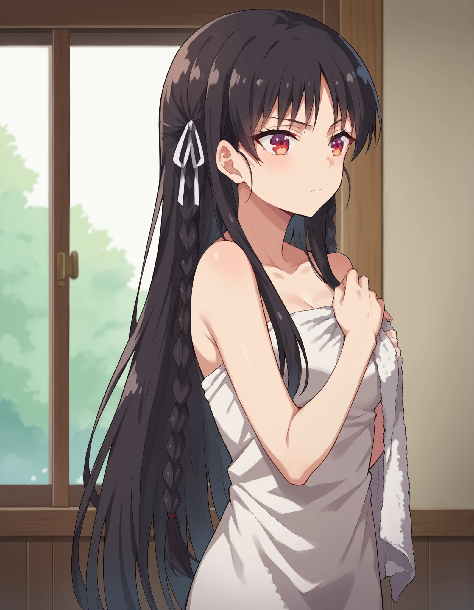 wearing towel, score_9, score_8_up, score_7_up, source_anime, suzunehorikita, suzune horikita, long hair, black hair, red eyes, hair ribbon, braid, standing, room