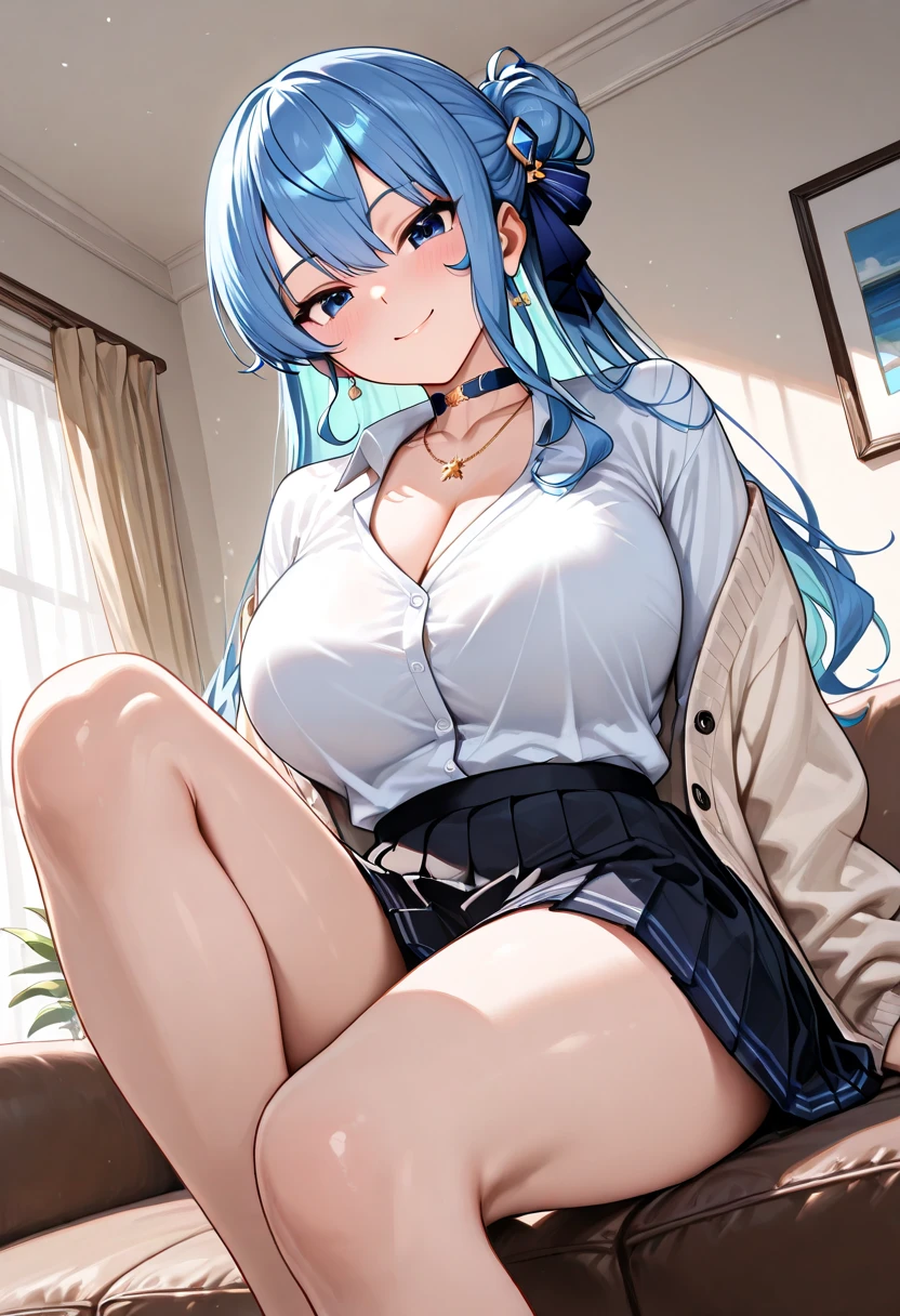 (master masterpiece、The Highest Quality), 1女の子, NSFW, school girl uniform, m shy, cleavage breasts, Pantie, are showing through, flashing, nippl、big breasts