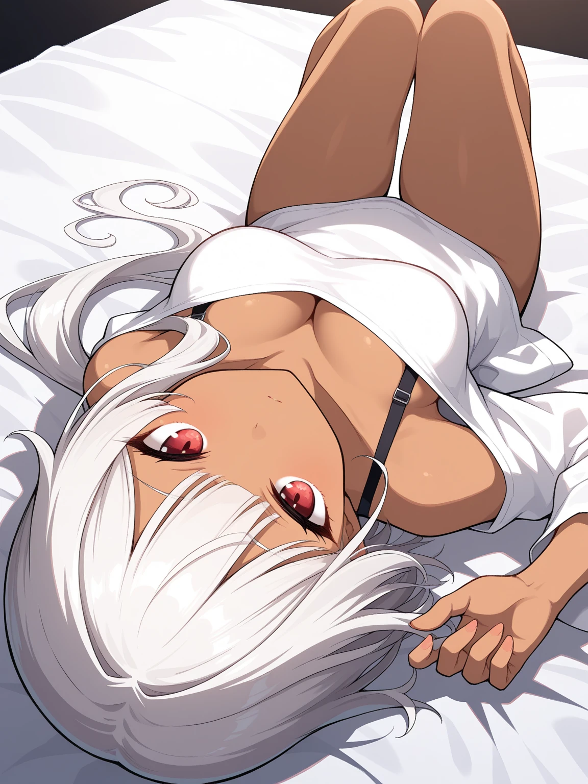 Hentai, nude body, white hair, anime chan, anime, ahegao, black nail, tied up, on bed,