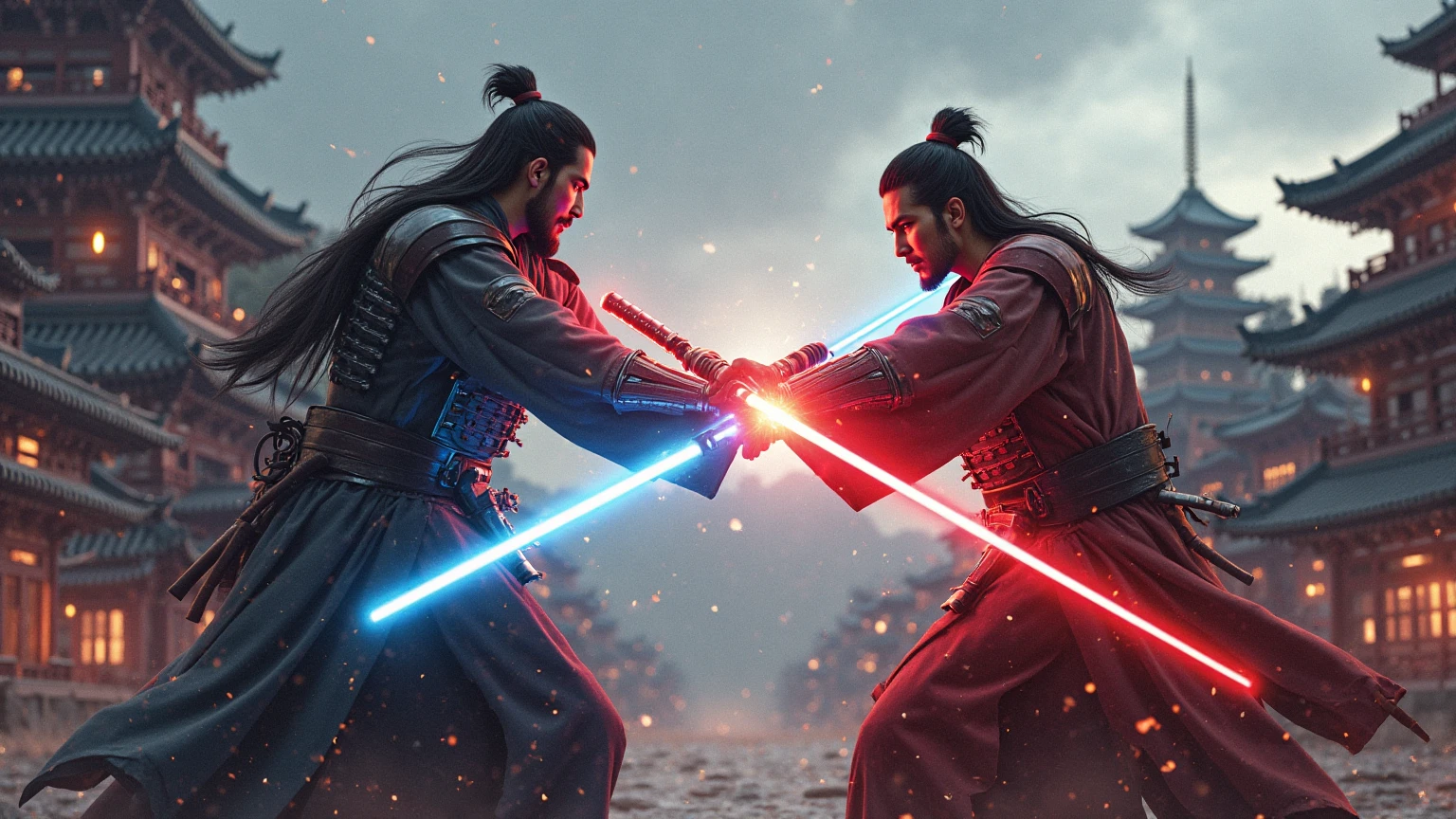 two Japanese samurai dueling using lightsabers.