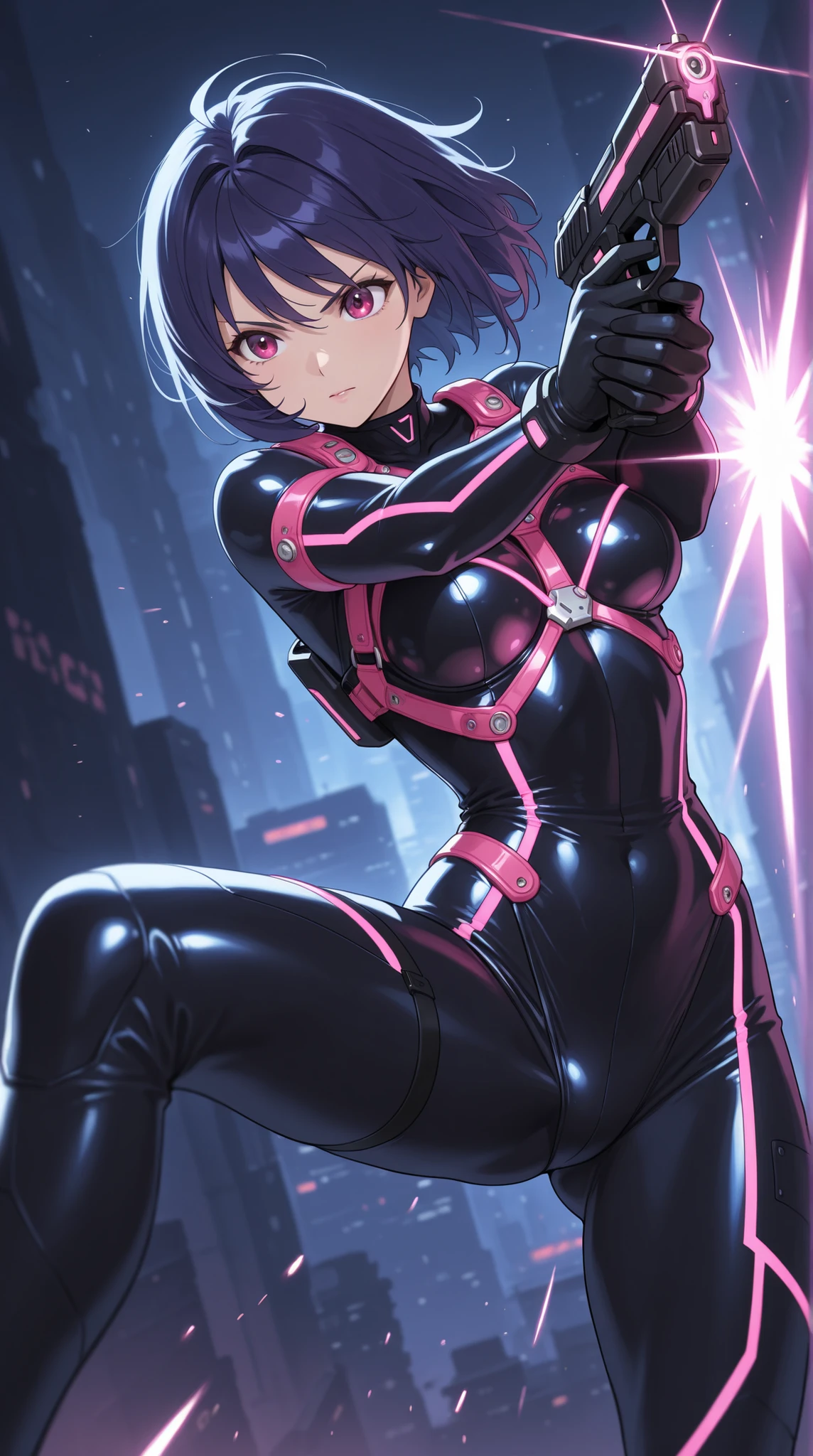 female, neon harness bodysuit,  cyber handgun ,    DYNAMIC ACTION,