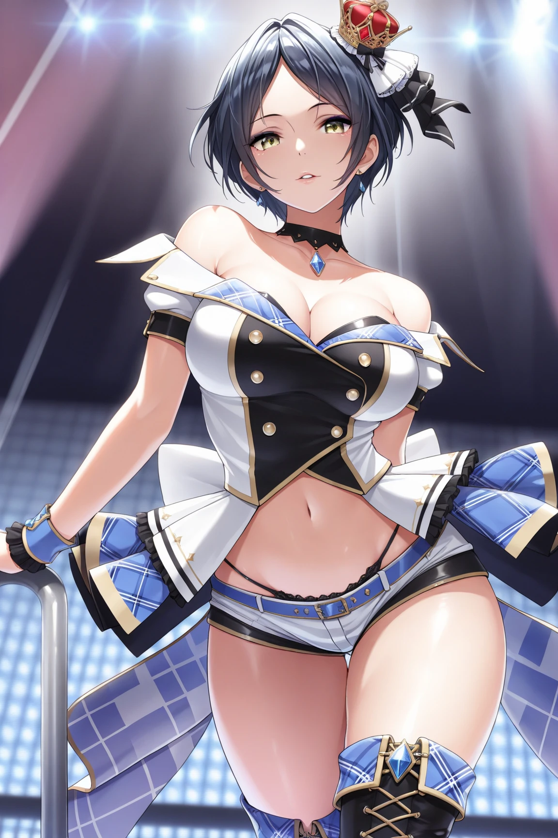 Ultra-high resolution, 1 Girl, 18-year-old, (Idols:1.4), (((Sakura Hagiwara:1.4))), (Beautiful detailed face:1),(Beautiful detailed face:1), , ((Best Quality)), Cinematic Light, ,Mood lighting, (((Perfect Anatomy:1.10))), (Finely detailed face:1.2), (Representative works:1.5), (Best Quality:1.2), looking at another, Lipstick, V Line Jaw, ((Prevents clothing from digging into the skin)), (((Sexual expressions:1.4))), ((Blushing:1.2)), (((Suffering expression:1.5))), ((Heavy breathing:1.3)), (The background is blurred), Glossy texture, Strong winds:1.3, (((very long dark blue hair:1.4))), (Perfect Face:1.4), ((Shiny skin:1.2)), (very smooth skin), (((Excessive sweating all over the body:1.4))), (((Sweaty skin:1.3))), White Skin, Slender, Narrow nose, (Narrow waist:1), ((((Tired look:1.3)))), (Half-open mouth:1.3), (Saliva:1.1), (Medium size breasts:1.4), There is cleavage in the chest, Bangs, Light makeup, Small Ass, ((Pro Wrestling Match Venues:1.3)), ((Inside the professional wrestling ring:1.3)), ((Sexy design monokini swimsuit:1.3)), (Pure white wrestling costume:1.3), ((Intricately designed gold and black striped wrestling costume:1.3)), (Patent leather long wrestling boots), Thimble Skin Gloves, (((Lie on your back:1.3))), (Spread your legs), (((Top view))), ((((High angle)))), ((((Does not depict genitalia)))),