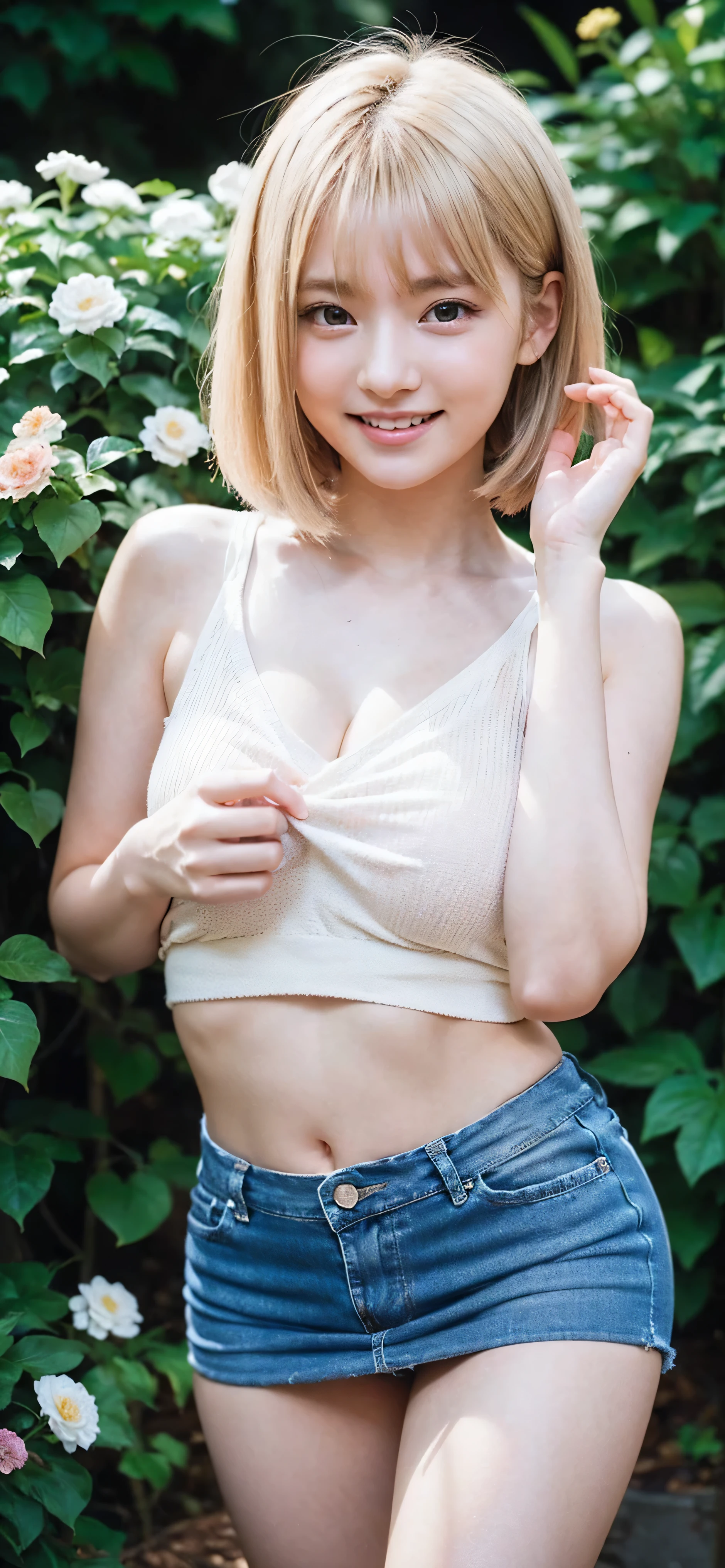 real, ( blonde bob hair :1.3, open legs, ultra beautiful girl , smile, kawaii:1.3, Put your hands behind your head, tank top:1.3, denim mini skirt) , (18 years old:1.3), break, (flowergarden:1.3), break, smile:1.3, baby face, ultra cute eyes , ( symmetrical eyes :1.3), break, ( Ultra- is present Skin:1.3, Pores , Blue Veins), bangs, brown eyes , my chest sticks out of my pelvis , ( blonde bob hair :1.3), cute , break, ( Details eyes and face:1.0), Straight nose :1.3, In the crowd, pussy line, camel toes , platinum blonde , Masterpiece , top quality , RAW Photo , is present , cute people々, Details boundary, Ultra-fine , very Details, Details, very Details, Details description , Sharp Eye, have movie lights