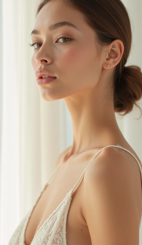 slender,Small necklace, depth of fields,One Woman,accurate anatomy, Moisturized skin, shinny skin, top-quality, hight resolution, ighly detailed,,(small tit:1.4),Baggy T-shirt,(Lying face down:1.3),(Clean tanned skin:1.6),cleavage of the breast,(The color of the areola is reddish flesh-colored:1.1),small areolas,(Gap between chest and clothes:1.7),areola is visible, (Clothes with an open chest:1.6),shot from front,Spotlight on chest,(Focus on the clavicle:1.8)