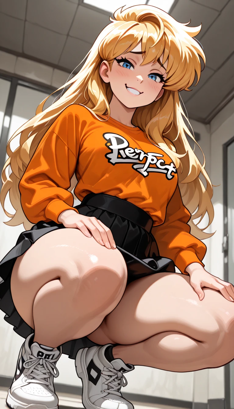((masterpiece, best quality,)) high resolution,ultra detailed,8k,16k,detailed background, perfect lighting, 1girl,solo,nsfw, embarrassed,blush,bottomless,show off pussy,look at viewer,sweat,steam,(peeing:1.2),(from below,close up pussy:1.2),aroused, squatting,spread legs,naughty face,smile,provocative eyes,open mouth,paw pose,(short_stature,dwarf,kawaii),kokonoe rin,blond hair,twintails,black eyes,flat_color,pale skin,in house,backpack,randoseru,oversize t-shirt,show nipple