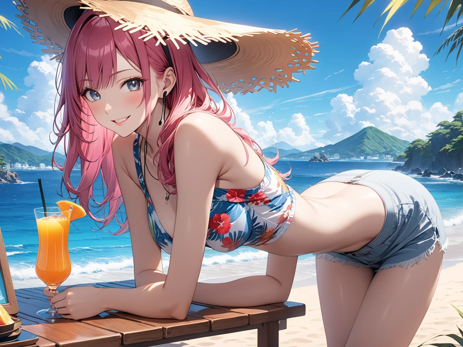 diy7，A young woman lounging poolside on a deck chair in a bikini with high heels, bathed in the warm glow of the setting sun, looking relaxed and comfortable, surrounded by palm trees, swimming pool in the background, a cocktail umbrella on her lap, sandy beach stretching out in the distance, sky painted with hues of orange and pink, dolphin swimming in the distance, tranquil atmosphere, beautiful and serene environment, resort vacation, masterpiece, high quality, photorealistic, cozy atmosphere, detailed character, detailed environment.