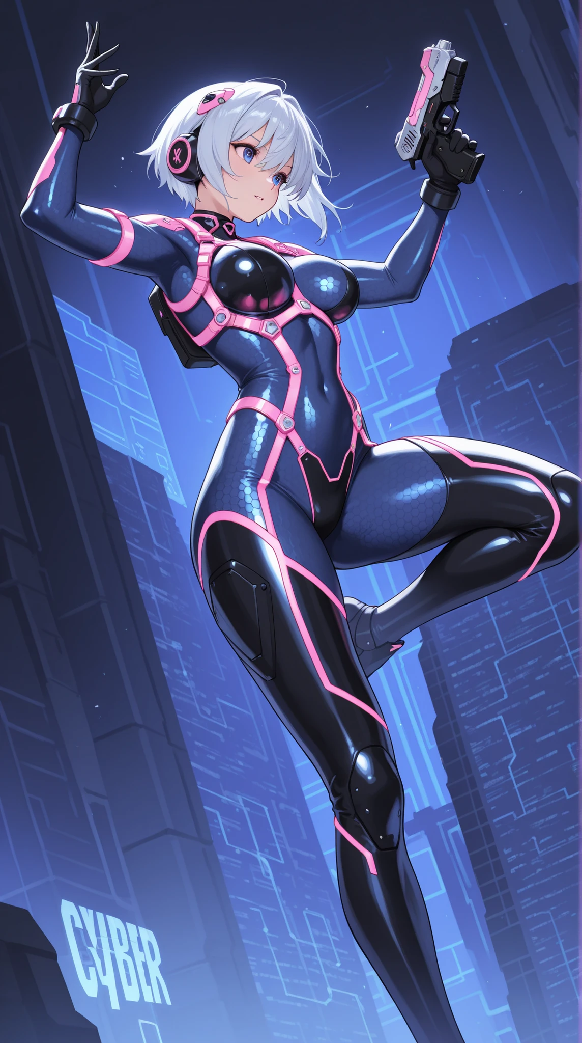 female, NEON HARNESS, HONEYCOMB BODYSUIT, cyber handgun , DYNAMIC ACTION,