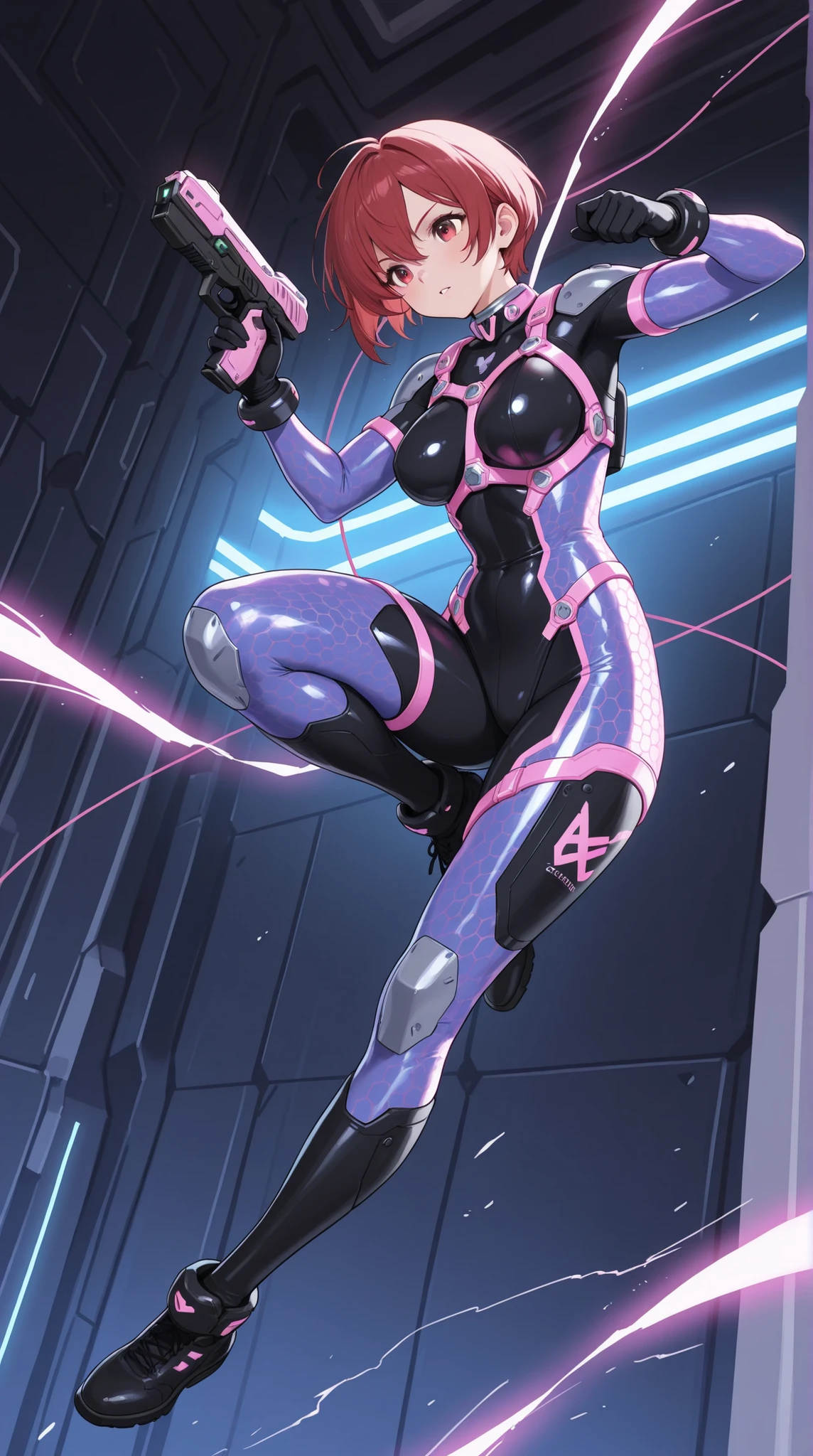 female, NEON HARNESS, HONEYCOMB BODYSUIT, cyber handgun , DYNAMIC ACTION,