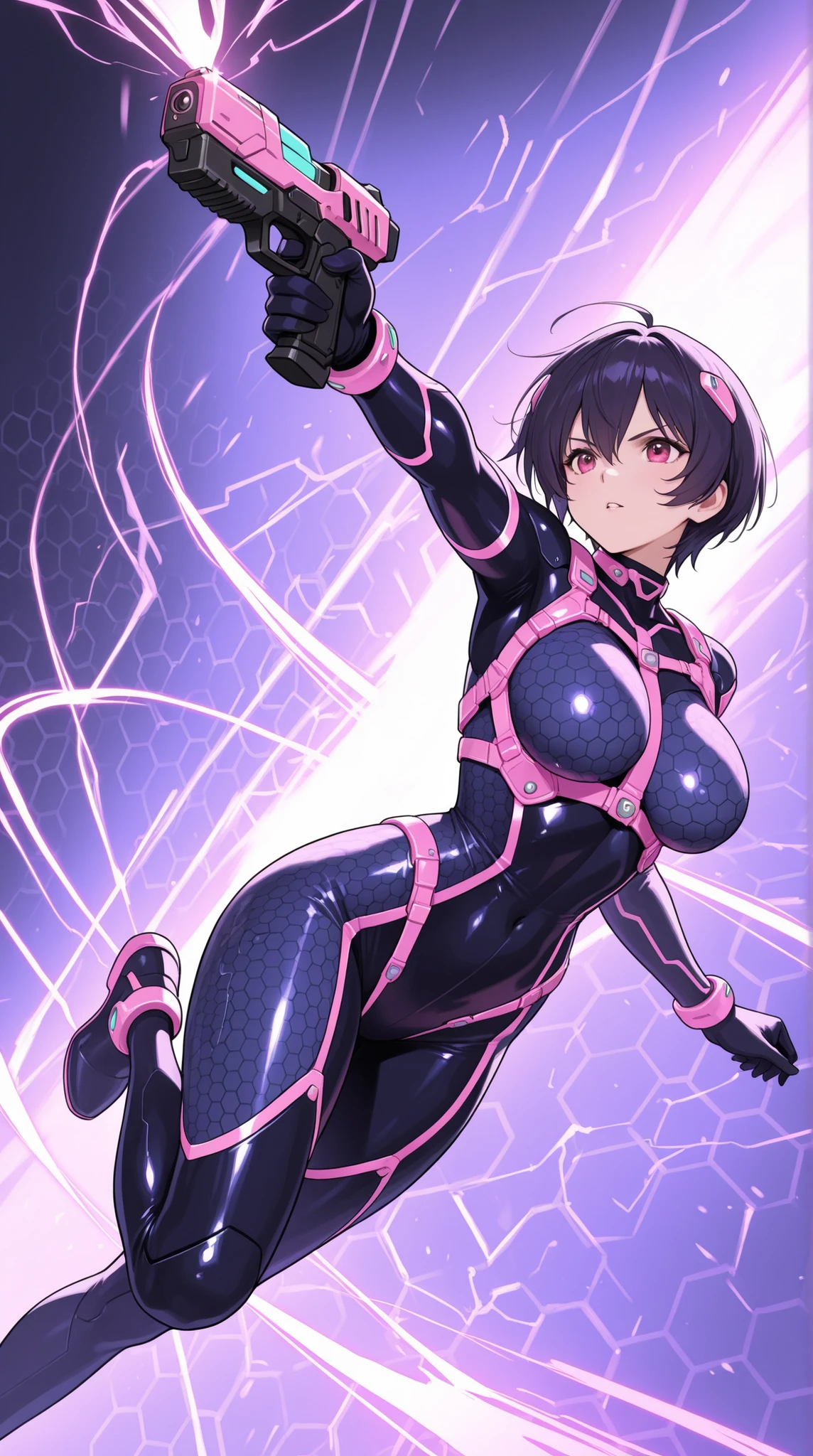 female, NEON HARNESS, HONEYCOMB BODYSUIT,  cyber handgun ,    DYNAMIC ACTION,