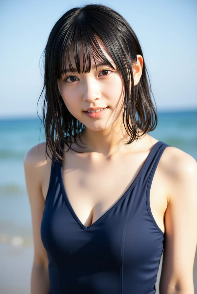 (((Best image quality、Highest quality、Super high quality 1.uper high quality 1.5、32k、8K、Ticker、RAW Photos、Extremely clear images、Extremely clear images quality、Photoreal 1.3、Sr detailed 1.2, The finer details, High resolution, wall , Perfect dynamic structure, masterpiece, Surreal,非常に詳細な CG Unity 32k wall紙,extremely detailed CG unity 32k wallpaper,Realistic photos、Real Humans、超High resolution、)))、Very detailed face and eyes ,Intricate details ,,pretty girl , Cinematic soft light, Hyper Detail,Sharp focus, (((Cowboy Shot、A from below.4、)))、Stripeuit、Ocean、Sandy Beach、非常に鮮明なBeachサイド、Sunny weather、Scorching Sun、Brown Hair、Hair blowing in the wind、Mid-length hair、Oceanが見える、Beach、Southern Island、きれいなOcean