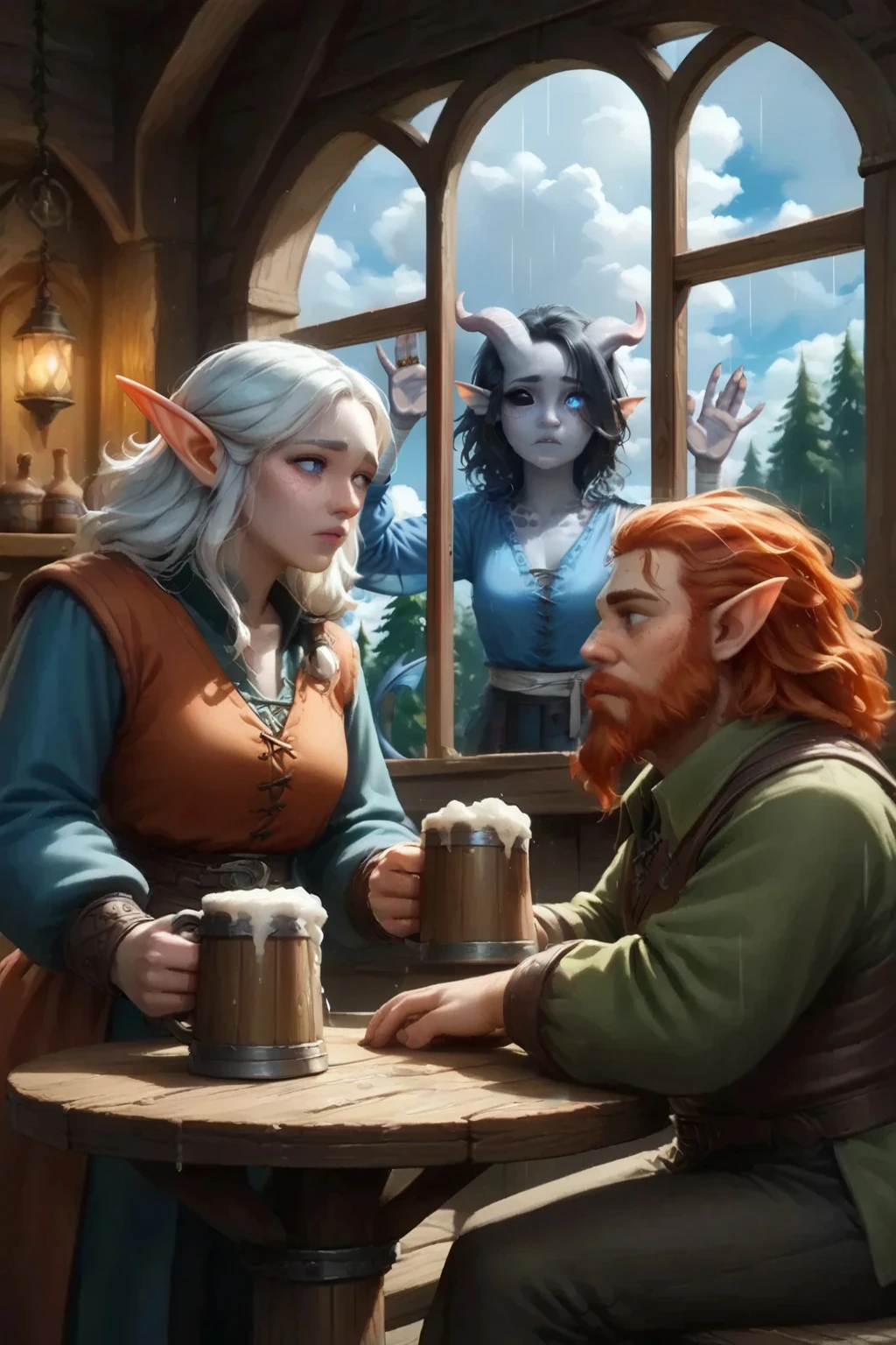 Behind the large window in the center (adult, 40 years old:1.4), (cedar, 1 adult Tiefling girl,  dark blue-gray skin :1.5), (40 years old:1.4), (black hair), (BLACK EYE:1.3), (Kind Thoughtful Look:1.3), (is behind him touching the window glass:1.4), (View through the window glass with raindrops on the glass), (freckles on face), (dark blue-black small spots on the face), ( tiefling's thick long dragon tail:1.4), (looks sadly:1.2), (close-up portrait from behind the glass with raindrops:1.3), (sad adult look), ( blue-black pigmentation on the skin :1.1), (you can see the shoulder and you can see black pigmentation on the shoulder in the form of small spots:1.1), (, a long patterned blue robe and medieval black pants:1.2), ( dark grey straight short horns ), ( blue and black pigmentation on the tail :1.2), (kind face, small lips,  small nose), (deep look:1.2),  At the center of the composition  (, a short shaggy Dwarf Dwarf, a red beard, a man and a tall slender elf elf girl with long white hair with pointed ears sit at the table opposite each other and drink from wooden mugs, talk to each other behind them in the center of the huge tavern window:1.4), (there is a big hammer near the table), (it's cloudy outside the window and it's raining:1.4), (against the background of various people drinking and having fun in a medieval tavern:1.1),(, the silhouette is blurred and distorted with glass:1.3), (high sharpness), ( high definition), (high quality), (highest detail),  fantasy background, blue tones, dark shades, dark, Night,  muted colors.