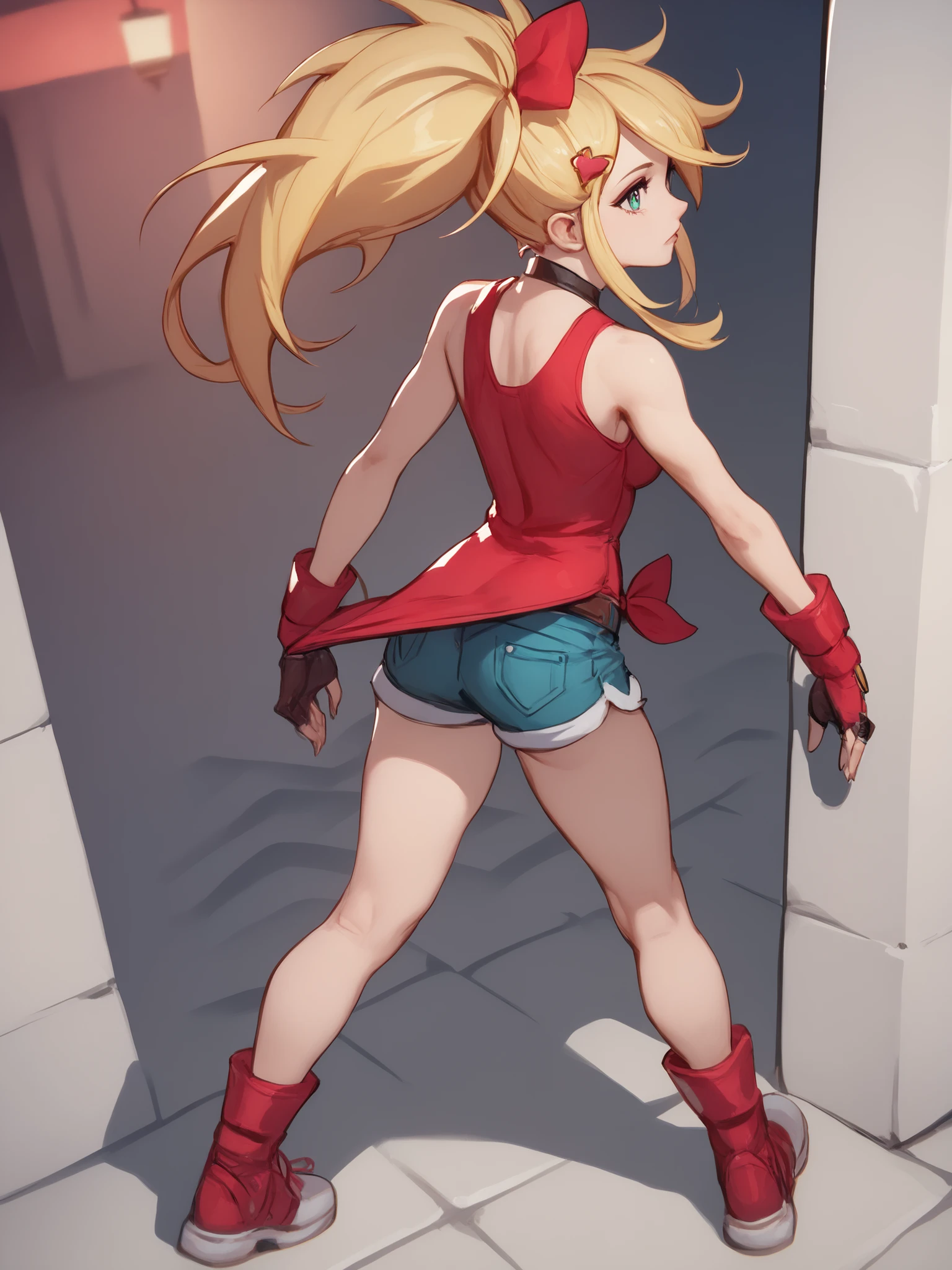 young girl, long blonde hair, Hairpin with a bundle, turquoise eyes, red tight uniform, Sleeveless, Wide neckline on the chest to the abdomen, Gold Elements, Red outfit, Shorts, Masterpiece, hiquality, 4k, HD, Good details, full body back view, back overview, Long Hair,