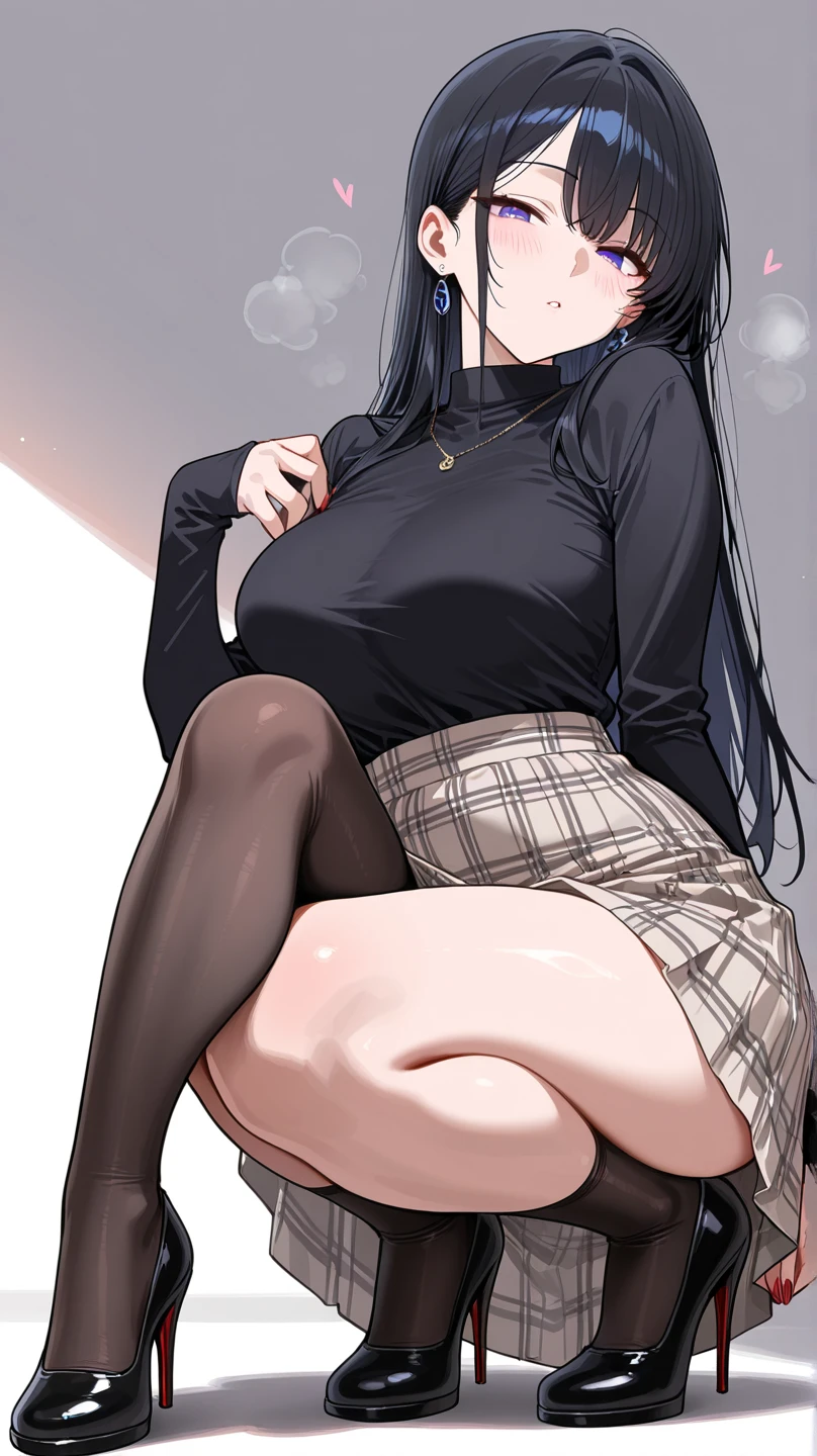 from below、best quality、high resolution、((touch pussy))、erect nipples、((white kneehighs))(see through)((pantyhose))nsfw、((pussy juice))、((miniskirt))、cum on body / bukkake、excessive cum 、clothed、1girl、Long black hair、((black sweater))、Big breasts、Sit on the bed、spread legs、aroused、skirt lift、see through、wet