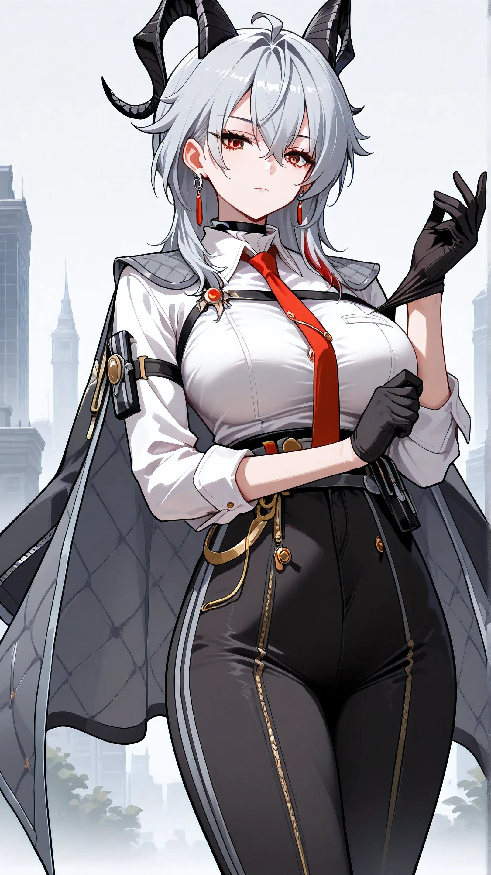 masterpiece, best quality,  solo, 1girl, z4ni, expressionless, looking at viewer, standing, adjusting gloves, long hair, multicolored hair, grey hair, hair between eyes, goat horns, demon horns, red eyes, grey coat, coat on shoulders, white shirt, collared shirt, red necktie, long sleeves, black gloves, black pants, earrings, black choker, large breasts, grey background, abstract background,  outdoors, dynamic cowboy shot, detailed background, perfect body, perfect face, perfect legs, perfect hands, perfect eyes, lewd expression, erotic pose, dynamic pose, close up view