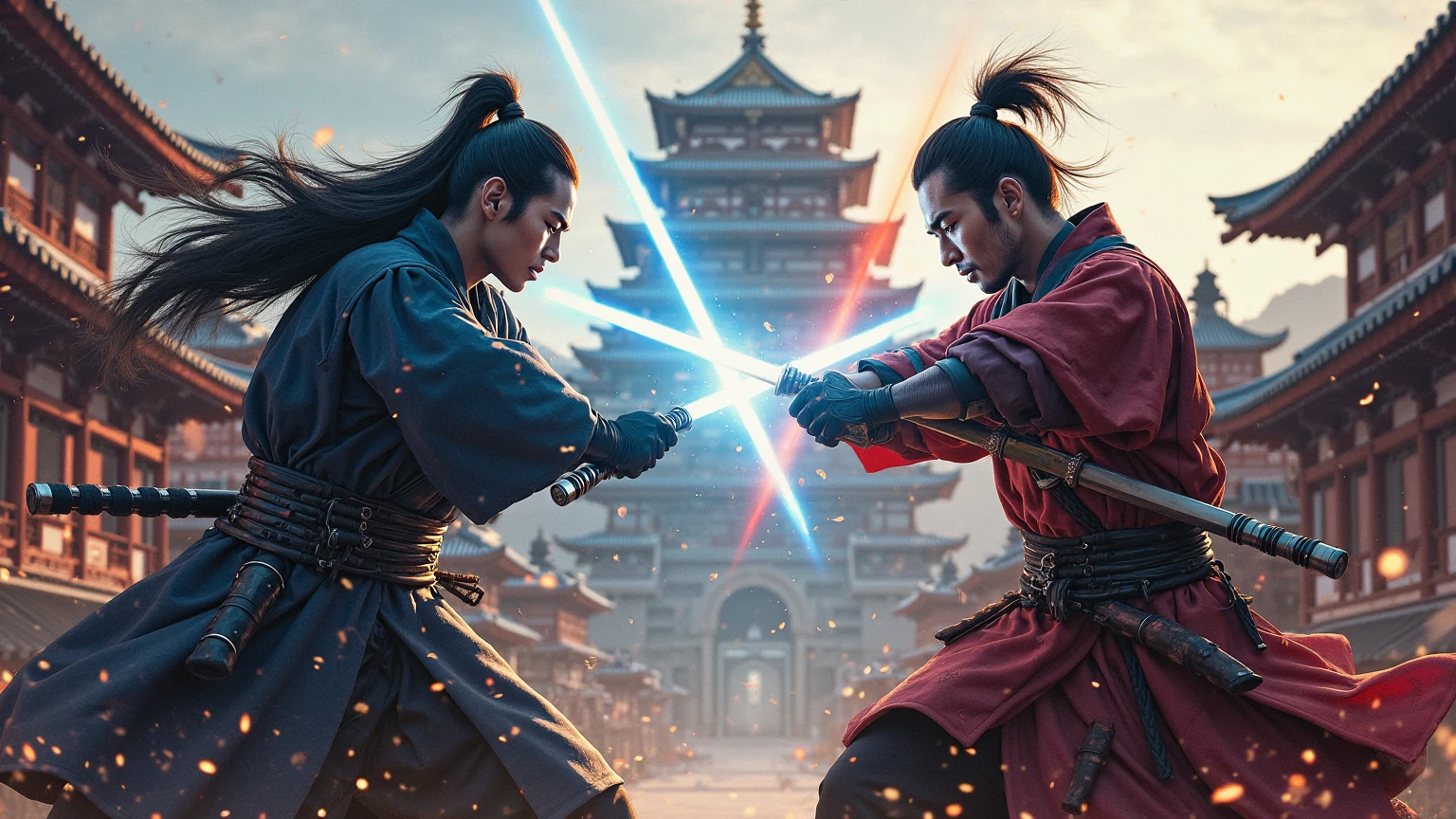 two Japanese samurai dueling using lightsabers.