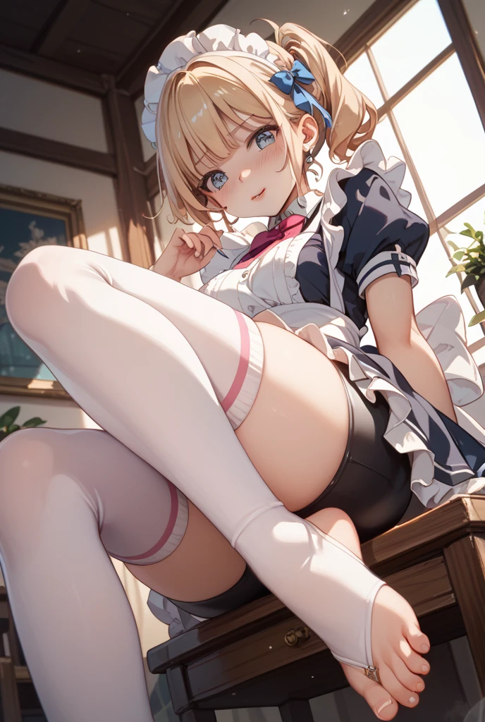(footjob), Masterpiece、Highest quality、Highest quality, (long and thin legs, shoes:1.2), Arm behind wrist, squat、Spread your legs、1 girl, (smile、Open your mouth大笑い:1.2), Cute eyes, (Detailed face:1.3)、Open your mouth, The whole face turns red, alone, Big and ample breasts, (Straight bangs, bowl cut), White maid outfit、Side bust、Underbust、belly button、Walking through the mansion'corridor、nsfw、shoes下
