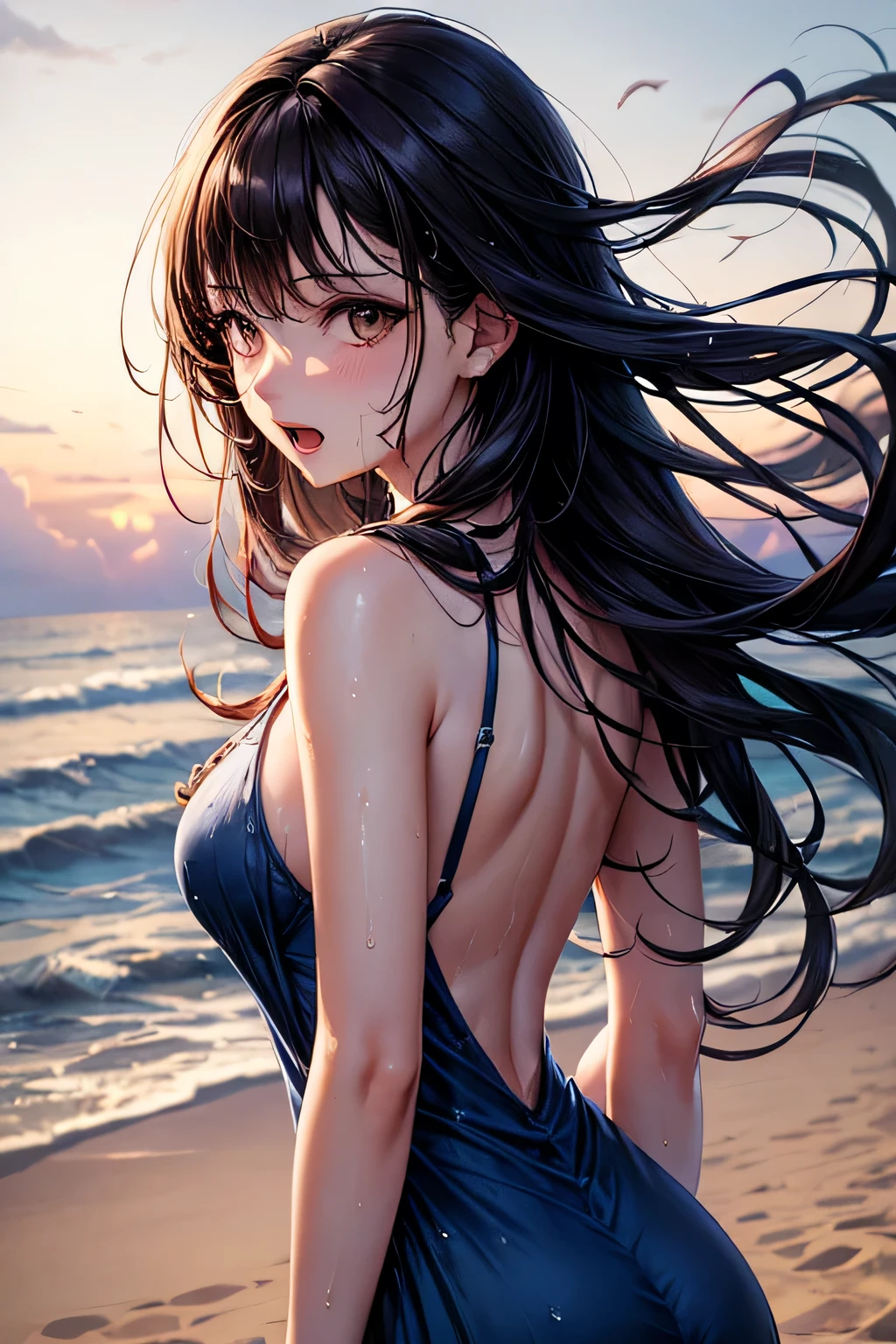 ((Highest quality、masterpiece、8K、Realistic、超High resolution、Very delicate and beautiful、High resolution、Cinema Lighting))、hourglass figure:1.6、At the sea in the moonlight、((A woman is combing her hair:1.6)), ((Back view:1.8)), ((look back:1.6)), She has long hair、The hair is wet with water drops。(Fascinating swimwear design:1.8、Drops of water glisten on her back)。In the background you can see the clear blue sky and the moon.、The surface of the water is undulating、shining brightly。The woman's pose is natural and relaxed.、The overall atmosphere is like a refreshing summer day.