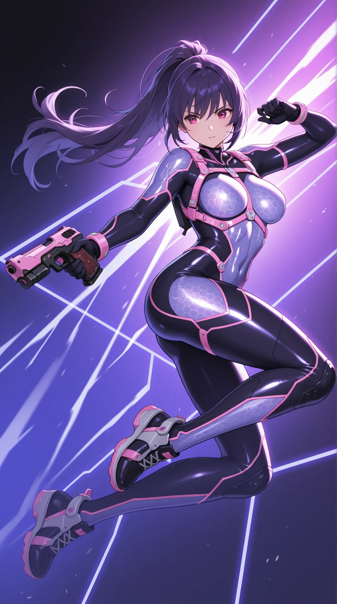 female, NEON HARNESS, HONEYCOMB DESIGN BODYSUIT,  cyber handgun ,    DYNAMIC ACTION,