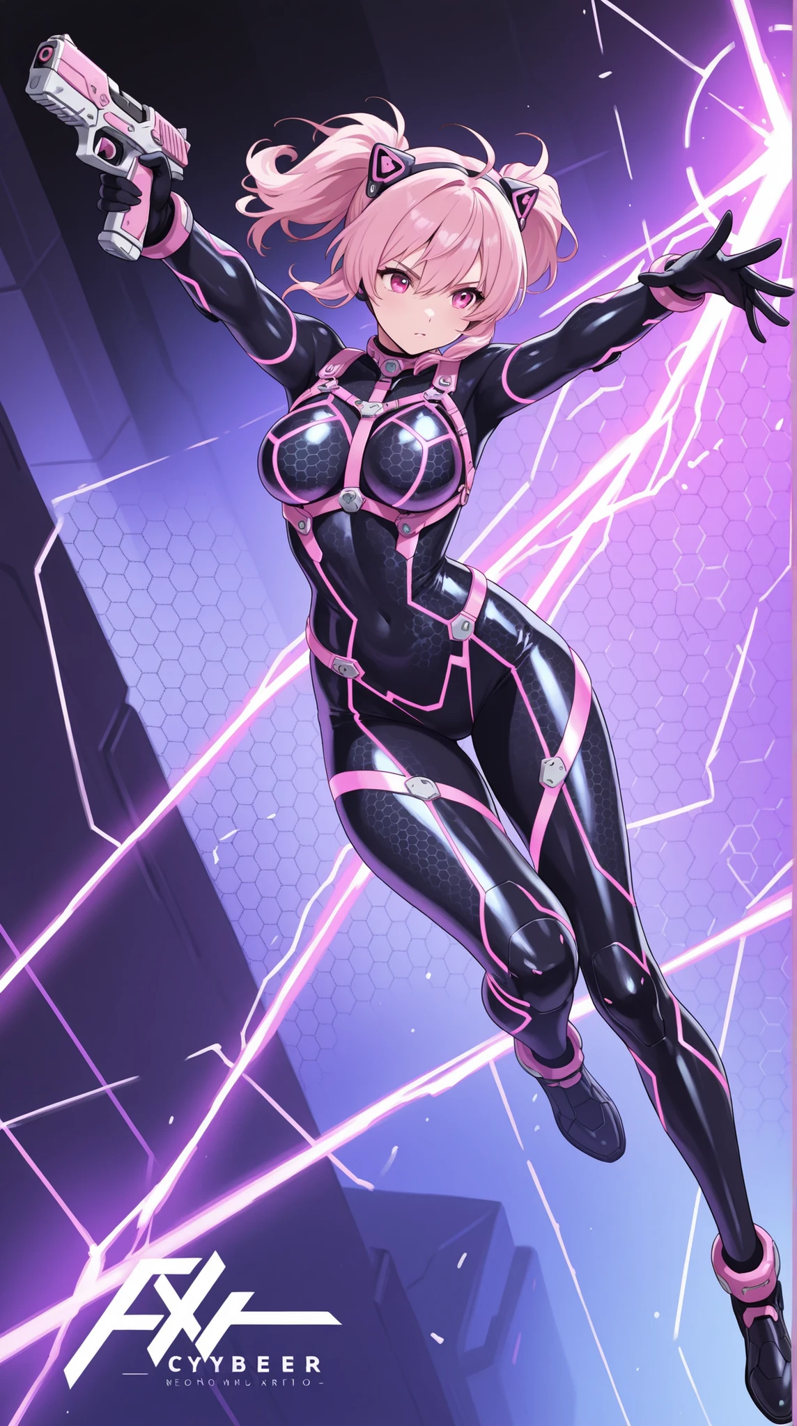 female, NEON HARNESS, HONEYCOMB DESIGN BODYSUIT,  cyber handgun ,    DYNAMIC ACTION,