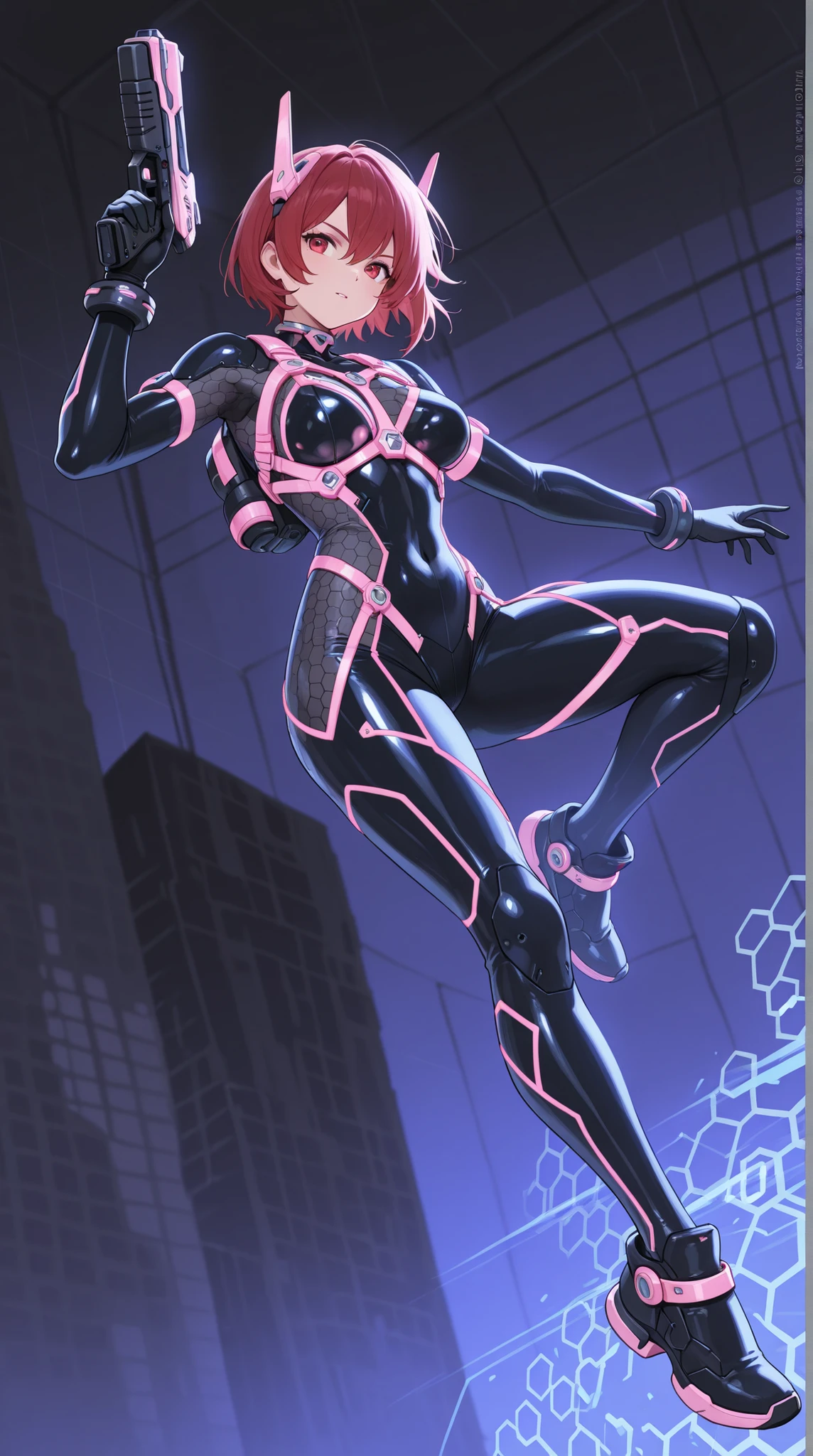 female, NEON HARNESS, HONEYCOMB DESIGN BODYSUIT,  cyber handgun ,    DYNAMIC ACTION,